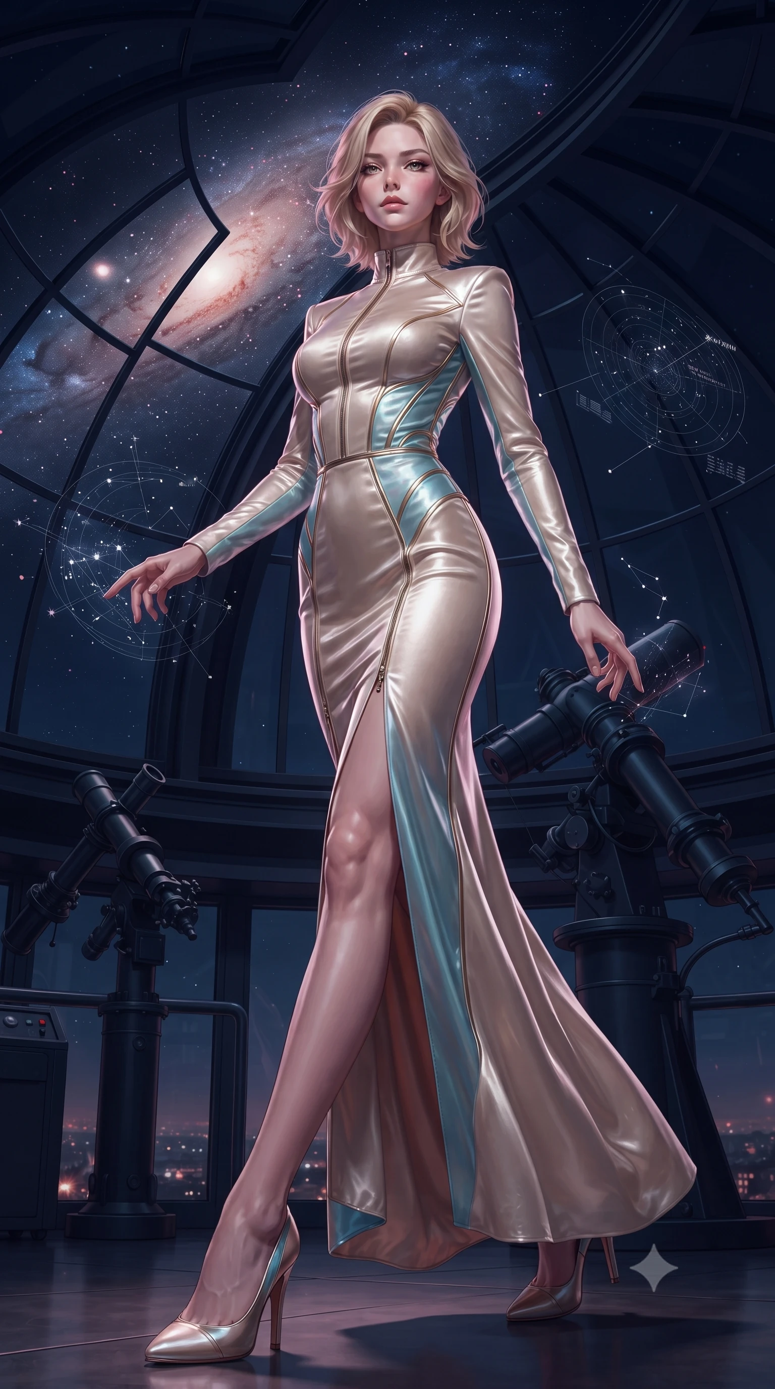 score_9, masterpiece, best quality, ultra-detailed, high-budget anime keyframe, editorial fashion photography, tasteful artistic composition, Caucasian woman. low angle full-body shot from head to toe showing her feet, filling the entire 9:16 vertical frame with her statuesque presence, stretching her vertical silhouette. navigating the celestial sanctuary with an effortless, graceful stride, inside a high-altitude glass dome observatory looking out at a swirling spiral galaxy, translucent star charts floating around her fingertips. She has an absolutely perfect, statuesque 8.5-heads proportion, an exceptionally tall and slender model-like female figure with impossibly long slender legs and an ultra-slim waist. sharp v-shaped jawline, high-bridge nose, intricate jewel-like eyes with depth, thick eyelashes, glossy lips with a natural sheen. wearing floor-length high-neck champagne silk velvet gown with long sleeves in pearl white, made of iridescent turquoise taffeta, finished with metallic gold boning and sleek zipper points, sculpting her athletic slender build with refined precision. bathed in deep navy and galaxy pink ambient lighting. ultra-reflective glossy finish, specular highlights, metallic sheen, high-contrast stereoscopic depth, volumetric dynamic lighting, 2k, ultra detail, master piece, 9:16 ratio