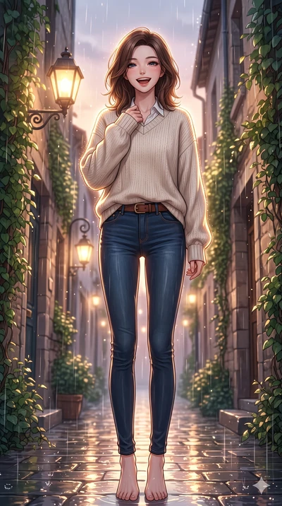 score_9, masterpiece, best quality, ultra-detailed, high-budget anime keyframe, vibrant anime aesthetic, Korean woman. low angle full-body shot from head to toe showing her feet, filling the entire 9:16 vertical frame with her statuesque presence, st