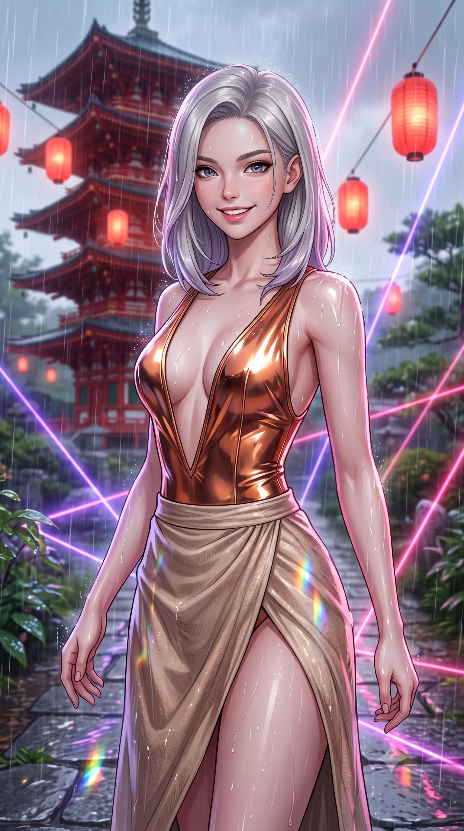score_9, masterpiece, best quality, ultra-detailed, high-budget anime keyframe, editorial fashion photography, tasteful artistic composition, Caucasian woman, strictly human ears. close-up cowboy shot from the waist and thighs up, the character dominates the composition, filling the frame with her large presence, background elements kept in soft focus. Casting a bright, energetic glance toward the camera with a cheerful grin. set against a soft-focus background of on a stone path of a garden during a heavy warm summer rain shower, looking at a tall red wooden pagoda with floating red paper lanterns. She has an exceptionally elegant, slender, and willowy female figure with a highly-defined ultra-slim waist, a gracefully sculpted slender torso, and a refined slim-fit silhouette that contours her form. sharp v-shaped jawline, high-bridge nose, intricate jewel-like eyes with depth, thick eyelashes, glossy lips with a natural sheen. wearing a metallic copper bodysuit with a deep V-cut front, paired with a flowing beige wrap skirt. laser lines of violet and hot pink reflecting off surfaces casting geometric neon highlights. 2k, ultra detail, master piece, 9:16 ratio