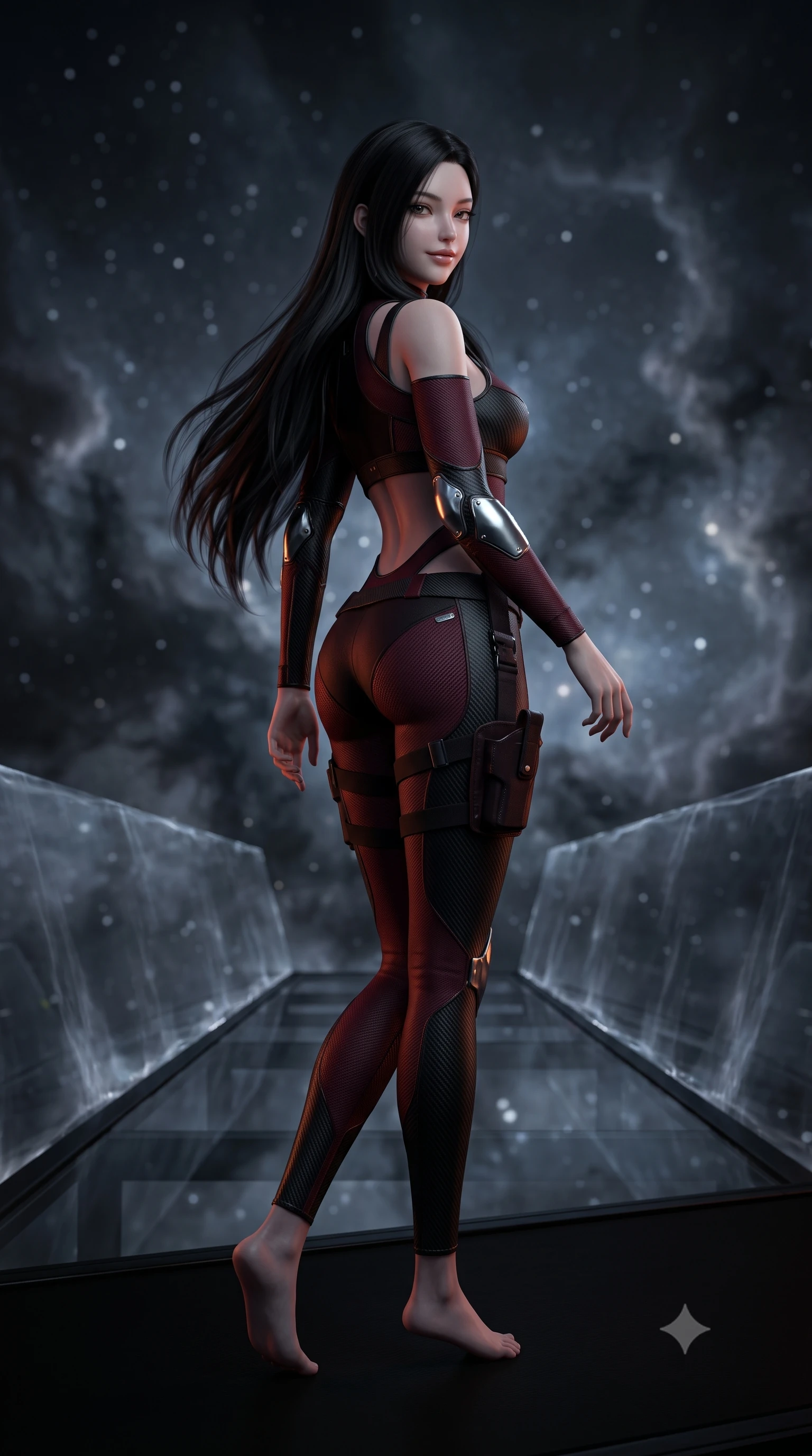 score_9, masterpiece, best quality, ultra-detailed, high-budget anime keyframe, semi-realistic 3D game render, editorial fashion photography, tasteful artistic composition, Korean woman. low angle full-body shot from head to toe showing her feet, filling the entire 9:16 vertical frame with her statuesque presence, stretching her vertical silhouette. walking slowly along the transparent glass skybridge, looking back over her shoulder with an air of effortless grace and an alluring, smoldering smile while walking silently across the radar-absorbent matte black deck, arching her back with sovereign covert-ops grace. The background shows a soft-focus translucent shimmering cloaking field boundaries and distant nebula clouds blurred into smoky charcoal, indigo, and starlight bokeh. She has an absolutely perfect, statuesque 8.5-heads proportion, an exceptionally tall and slender model-like female figure with impossibly long slender legs, an ultra-slim waist, a flat toned midriff, narrow delicate ribcage, and beautifully sculpted feminine hips creating a graceful, slim hourglass silhouette without any bulky heaviness. sharp v-shaped jawline, high-bridge nose, intricate jewel-like sparkling eyes with depth, thick eyelashes, glossy parted lips with a natural sheen, bright confident smile with an enchanting and coquettish sensual glint, exuding both youthful magnetic charm and sovereign high-tech allure, flawlessly proportioned anatomical accuracy, strict slender model proportions, natural body alignment, perfectly sculpted long slender limbs, ultra-slim waistline, clean dynamic posture without body distortion. wearing a high-tech mechanic crop top with asymmetric shoulder straps paired with ultra-fitted tactical hot-pants and thigh holsters in deep wine crimson and dark carbon weave, crafted from lightweight aerodynamic matte carbon-fiber weave with structural stiffness, accented with strategically placed chrome armor plate guards covering key curves, the precision-cut side openings and low-back scoop framing her graceful spine and the sensual sweep of her slim, toned hips. bathed in low-key red and dim amber tactical lighting contrasting with cold starlight. highly saturated vibrant anime colors, detailed shading with soft gradients, rich glossy textures, high-contrast stereoscopic depth, volumetric dynamic lighting, master piece, 9:16 ratio