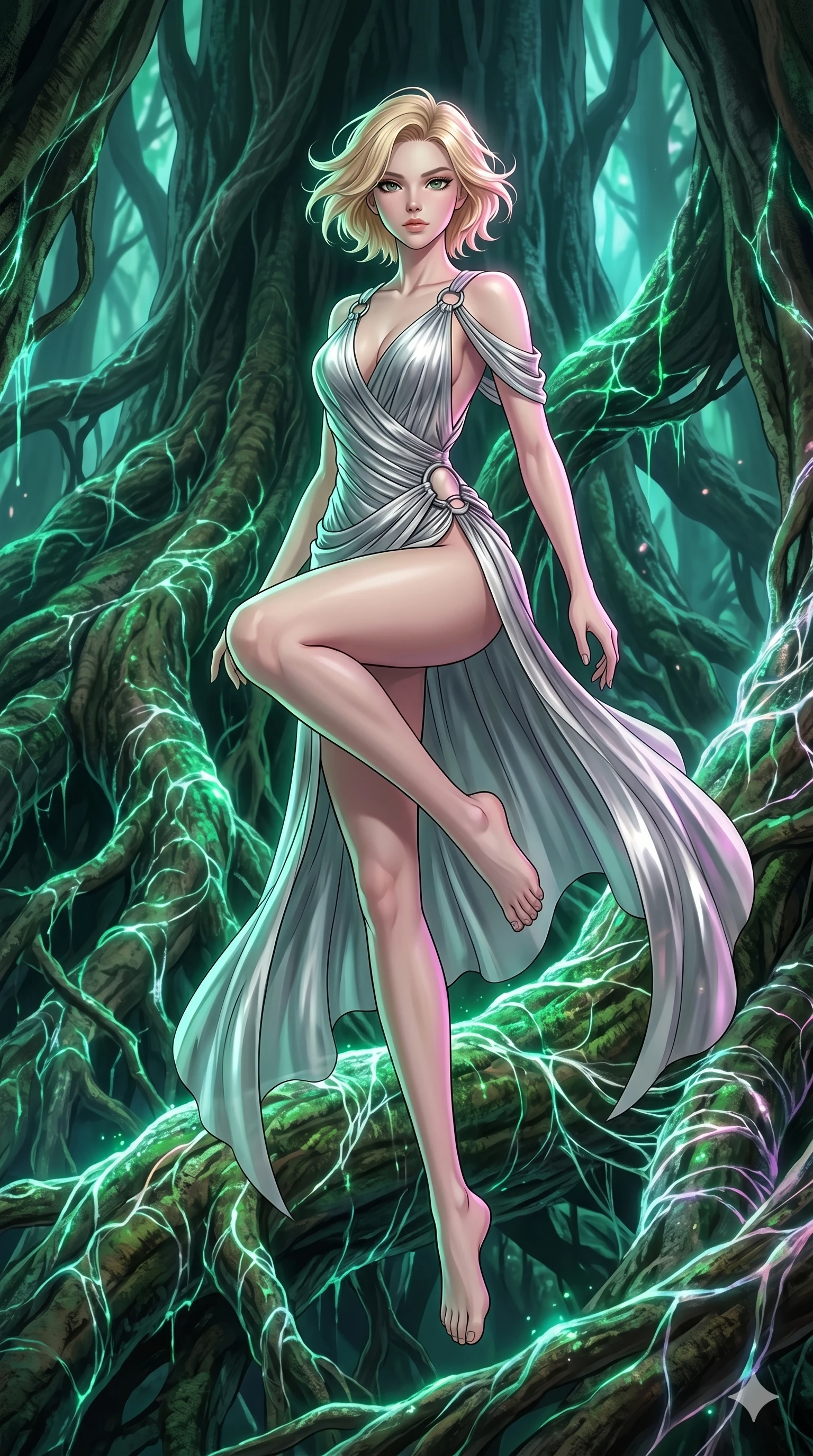 score_9, masterpiece, best quality, ultra-detailed, high-budget anime keyframe, Caucasian woman, strictly human ears. low angle full-body shot filling the entire 9:16 frame with her statuesque presence, stretching the vertical silhouette. jumping amidst giant ancient tree roots wrapped in trillions of glowing mycelium threads pulsing with emerald and opal light. She has an absolutely perfect 8-heads proportion, an exceptionally tall and slender female figure with impossibly long slender legs and an ultra-slim waist. V-shaped jawline, high-bridge nose, intricate jewel-like eyes with depth, thick eyelashes, glossy lips with a natural sheen.. wearing a draped Grecian cyber-gown, featuring draped silver metallic chiffon held by metal ring hardware, displaying a high-leg line. accented by dynamic color-blocked lighting with high-contrast shadows emphasizing her statuesque height. 2k, ultra detail, master piece, 9:16 ratio