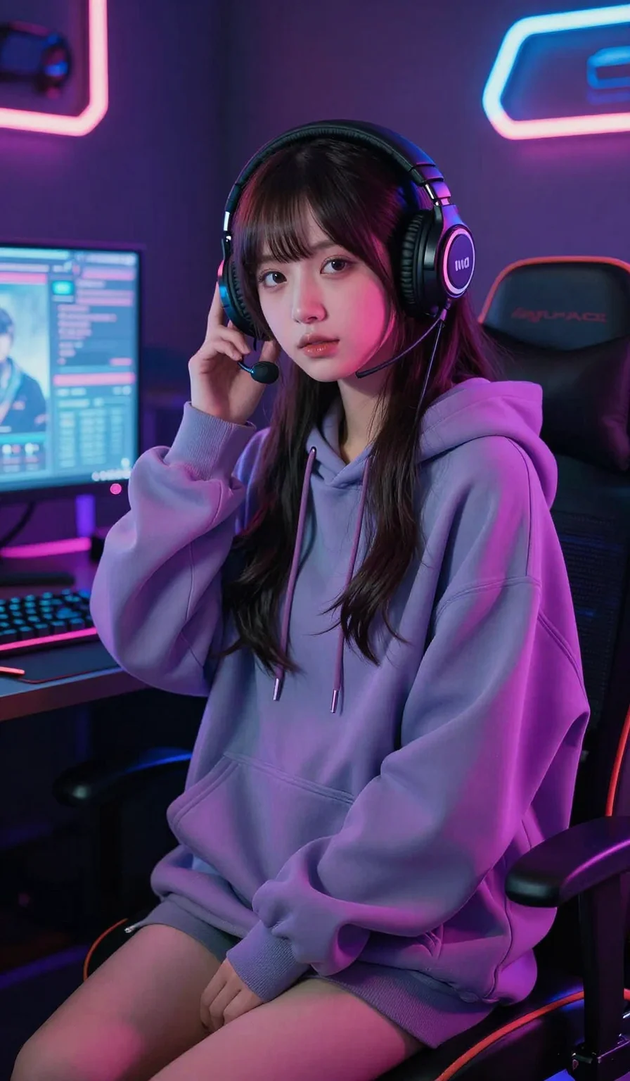 (masterpiece:1.2), best quality, highres, (1girl:1.3), gorgeous woman, messy bun, (oversized hoodie and headphones:1.2), neon gaming room, trendy and cute, 2k, ultra detail, 9:16 ratio