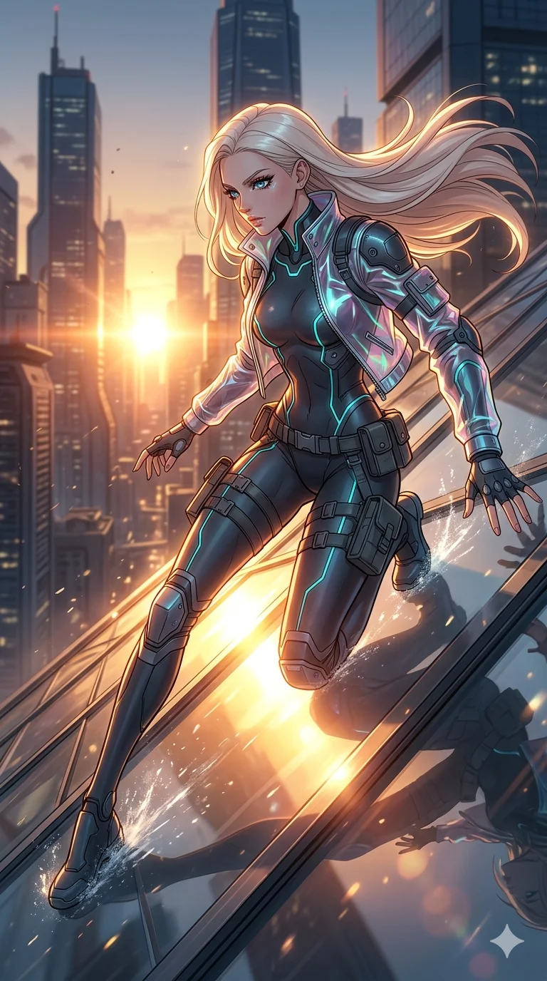 score_9, masterpiece, best quality, ultra-detailed, high-budget anime movie keyframe, cinematic anime lighting, intricate line art, Caucasian (strictly human ears) anime girl. Low angle cowboy shot capturing a powerful motion and statuesque presence. sliding down a glass roof as the sun creates a blinding glare. She has an absolutely perfect 8-heads proportion, an exceptionally tall and slender female figure with an ultra-slim waist and impossibly long slender legs. strictly human anatomy, two legs only, no extra limbs, clearly defined legs and arms, perfect anatomy, perfect hands and fingers. sharp v-shaped jawline, high-bridge nose, intricate jewel-like eyes, thick eyelashes, glossy lips. Wearing Tech-Fantasy: Cybernetic tech-suit with glowing seams, translucent PVC over leotard, and modular tactical gear. The scene is illuminated by dramatic atmospheric lighting and vibrant color palettes. , 2k, ultra detail, master piece, 9:16 ratio