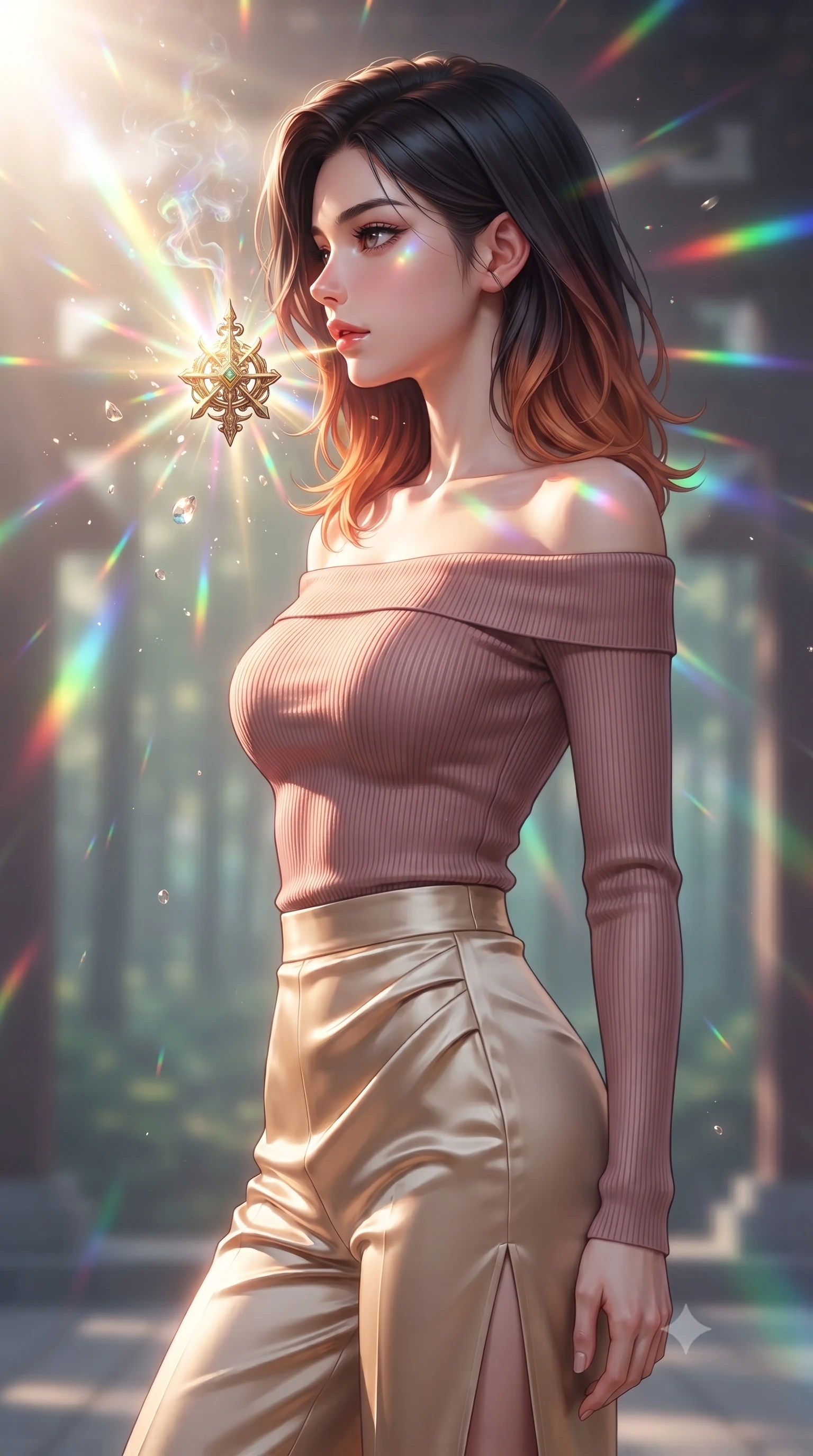 score_9, masterpiece, best quality, ultra-detailed, high-budget anime keyframe, editorial fashion photography, tasteful artistic composition, Korean woman. close-up cowboy shot from the waist and thighs up, the character dominates the composition, filling the frame with her large presence, background elements kept in soft focus. Turning her face in sharp dramatic profile against the bright light, showcasing her sharp v-shaped jawline touching a floating golden icon surrounded by kaleidoscope light rays, floating glass dust and incense smoke scattering colorful light beams. She has an exceptionally elegant, slender, and willowy female figure with an ultra-slim waist, a gracefully sculpted slender torso, and a refined silhouette. sharp v-shaped jawline, high-bridge nose, intricate jewel-like eyes with depth, thick eyelashes, glossy lips with a natural sheen. wearing a sleek off-shoulder ribbed knit top paired with high-waist tailored pants in dusty rose and champagne gold, crafted from lustrous satin jersey with fluid draping, finished with a sleek side slit ascending to mid-thigh, the elegant draped fit framing her graceful clavicle and slender torso. lit by bright sunbursts creating vivid, saturated color projections. ultra-reflective glossy finish, specular highlights, metallic sheen, high-contrast stereoscopic depth, volumetric dynamic lighting, 2k, ultra detail, master piece, 9:16 ratio