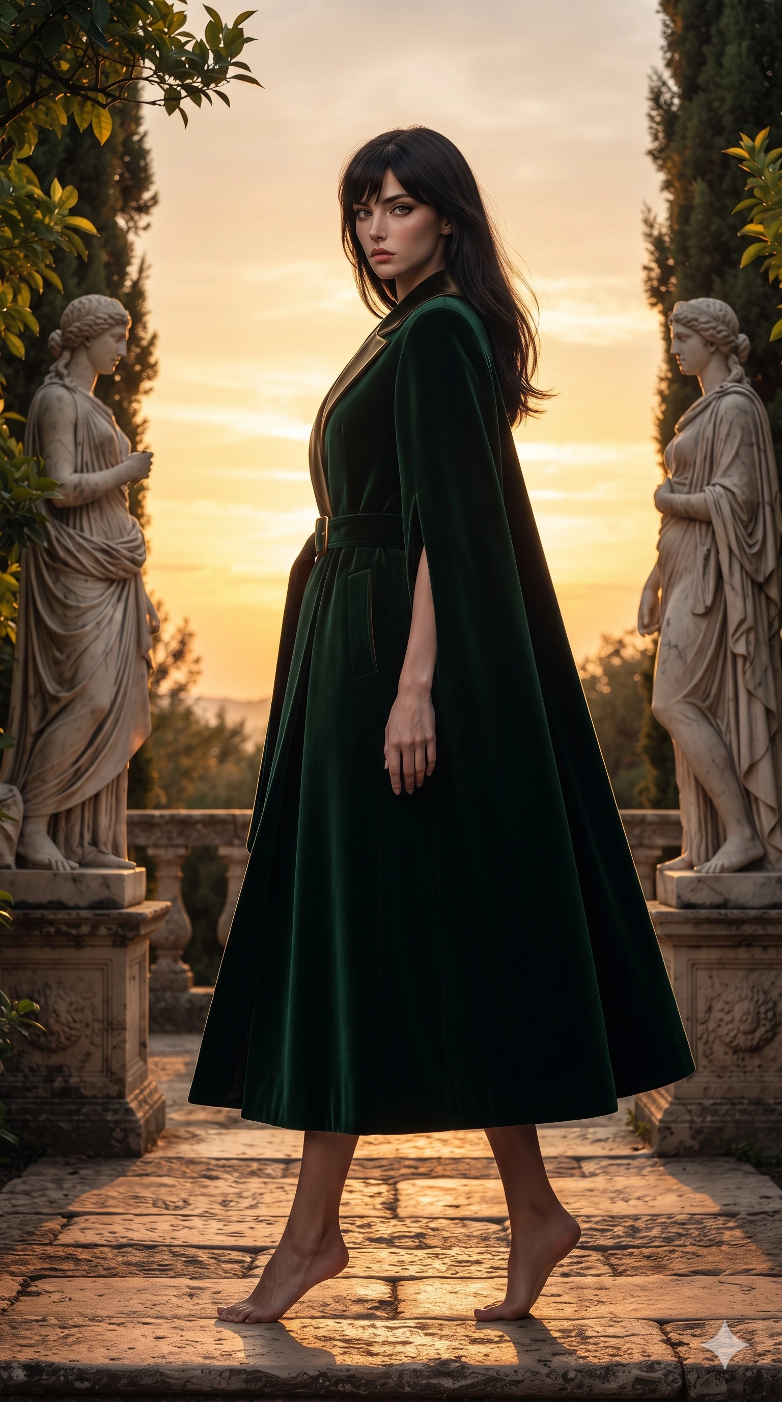 score_9, masterpiece, best quality, ultra-detailed, high-budget anime keyframe, editorial fashion photography, tasteful artistic composition, Caucasian woman. low angle full-body shot from head to toe showing her feet, filling the entire 9:16 vertical frame with her statuesque presence, stretching her vertical silhouette. walking along the terrace with poise, looking back over her bare shoulder with an irresistible smoldering bedroom-gaze while standing poised between classical Roman marble statues on the garden terrace, arching her spine with regal supermodel charisma against the sunset horizon. The surrounding environment is rendered in vivid detail and crisp panoramic clarity: sharp carved travertine stone pores, marble statue drapery folds, and crisp lemon tree foliage in deep focus. She has an exceptionally tall and slender model-like 8.5-heads proportion, an ultra-slim waist, a flat toned midriff, narrow delicate ribcage, and beautifully sculpted feminine hips creating a graceful, slim hourglass silhouette without any bulky heaviness, with impossibly long slender legs. sharp v-shaped jawline, high-bridge nose, intricate jewel-like eyes with depth, thick eyelashes, glossy parted lips with a natural sheen, intensely captivating and seductive bedroom-eyes expression, flawlessly proportioned anatomical accuracy, strict slender model proportions, natural body alignment, perfectly sculpted long slender limbs, ultra-slim waistline, clean dynamic posture without body distortion. wearing a tailored double-faced cashmere cape coat with structured lapels and a self-tying belt cinching her waist in emerald velvet and antique brass, crafted from bespoke double-faced cashmere with an exceptionally soft tactile finish, finished with sleek magnetic buckle closures fluttering in the breeze, the impeccably tailored cut draping gracefully along her slender figure with aristocratic poise. bathed in the dramatic warm 2700K golden sunset glow filtering through cypress branches. ultra-reflective glossy finish, specular highlights, rich textural contrasts, high-contrast stereoscopic depth, volumetric dynamic lighting, 2k, ultra detail, master piece, 9:16 ratio