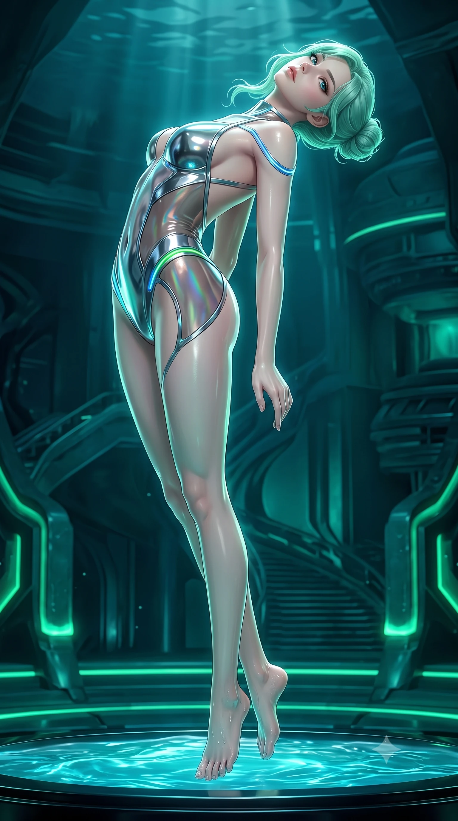 score_9, masterpiece, best quality, ultra-detailed, high-budget anime keyframe, semi-realistic 3D game render, editorial fashion photography, tasteful artistic composition, Japanese woman. low angle full-body shot from head to toe showing her feet, filling the entire 9:16 vertical frame with her statuesque presence, stretching her vertical silhouette. arching her back in a fluid zero-gravity turn with sovereign grace, her long slender legs and sculpted torso creating a sweeping line while rising with sovereign elegance from a pool of bioluminescent sea water on a polished obsidian pedestal. The surrounding environment is rendered in vivid detail and crisp panoramic clarity. deep subterranean oceanic chiaroscuro and detailed underwater architecture rendered with environmental precision. She has an absolutely perfect, statuesque 8.5-heads proportion, an exceptionally tall and slender model-like female figure with impossibly long slender legs and an ultra-slim waist. sharp v-shaped jawline, high-bridge nose, intricate jewel-like eyes with depth, thick eyelashes, glossy lips with a natural sheen, flawlessly proportioned anatomical accuracy, natural body alignment, perfectly sculpted elegant limbs, clean dynamic posture without body distortion. wearing a liquid chrome micro-bodysuit sculpted tightly to her figure, featuring razor-thin metallic straps and an open back in translucent smoky quartz and iridescent holographic sheen, formed from high-gloss patent material with specular light reflections, accented with glowing fiber-optic seams tracing her collarbones and hip curves, the form-contouring second-skin material highlighting her ultra-slim waist and long lines. bathed in deep aquamarine and glowing emerald bioluminescent rim lighting with crisp water refractions. highly saturated vibrant anime colors, detailed shading with soft gradients, rich glossy textures, high-contrast stereoscopic depth, volumetric dynamic lighting, master piece, 9:16 ratio