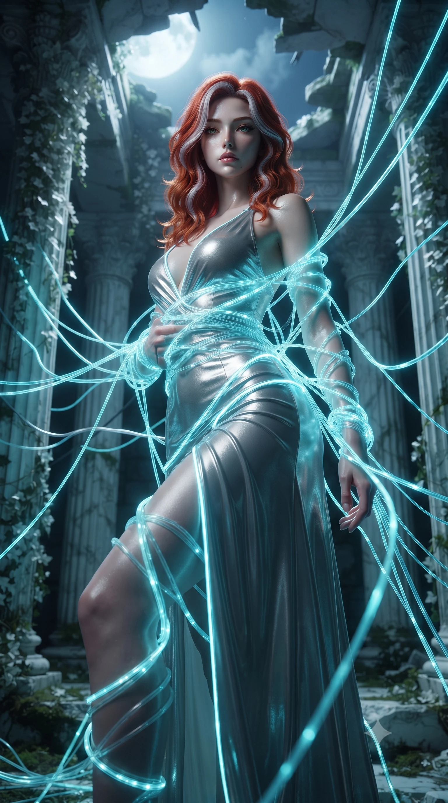 score_9, masterpiece, best quality, ultra-detailed, High-budget Anime Keyframe, editorial fashion photography, tasteful artistic composition, realistic cosplay photography, Caucasian woman, strictly human ears. Low angle cowboy shot filling the entire 9:16 frame with her statuesque presence. Scenario 365: tangled in a web of glowing cyan fiber-optic cables inside a moonlit ancient temple with collapsing marble pillars and white ivy. Her presence is magnetic and overpowering in this high-budget cinematic scene. Outfit 365: a form-contouring shimmering chiffon liquid with a low-cut shoulder and glowing LED seams. The clothing is designed to emphasize her exceptionally tall and slender 8-heads proportion. 8-heads proportion, towering silhouette, ultra-slim waist. sharp v-shaped jawline, intricate jewel-like eyes with depth, thick eyelashes, glossy lips. ultra-reflective glossy finish, specular highlights, metallic sheen, high-contrast stereoscopic depth, volumetric dynamic lighting, 2k, ultra detail, master piece, 9:16 ratio