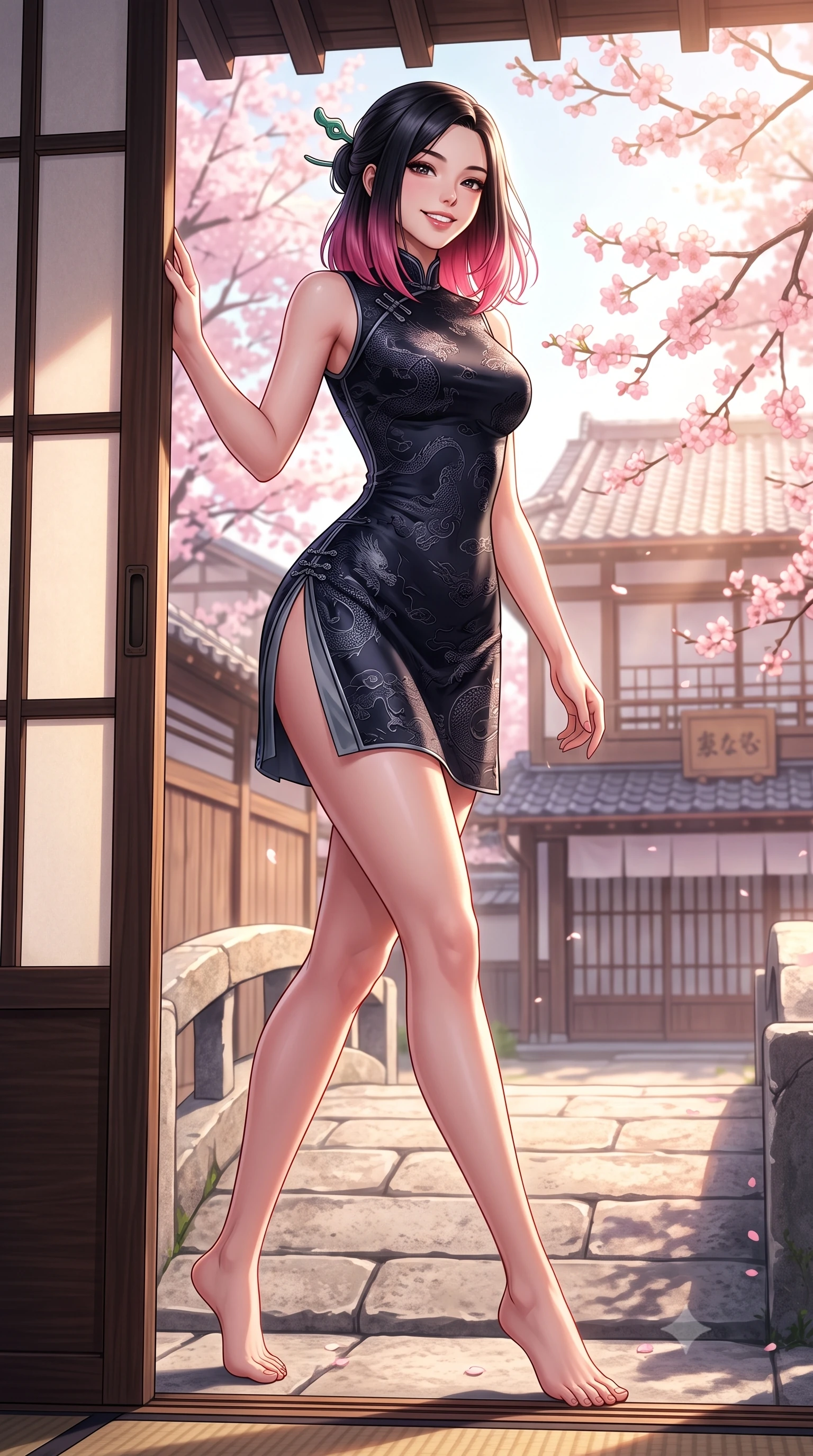 score_9, masterpiece, best quality, ultra-detailed, high-budget anime keyframe, semi-realistic 3D game render, editorial fashion photography, tasteful artistic composition, Korean woman. low angle full-body shot from head to toe showing her feet, filling the entire 9:16 vertical frame with her statuesque presence, stretching her vertical silhouette. stepping forward gracefully across the stone bridge in mid-motion with a radiant beaming smile, hips swaying in an alluring kinetic rhythm that accentuates her curvy hourglass silhouette and long slender legs while leaning against the cedar sliding doorframe with hips cocked back, looking over her shoulder with an alluring, nostalgic bedroom-gaze. The surrounding environment is rendered in vivid detail and crisp panoramic clarity: detailed silk kimono weave, spring sunburst highlights on hair, and traditional Yanaka architecture in razor-sharp precision. She has an absolutely perfect, statuesque 8.5-heads proportion, an exceptionally tall and slender model-like female figure with impossibly long slender legs, an ultra-slim waist, a flat toned midriff, narrow delicate ribcage, and beautifully sculpted feminine hips creating a graceful, slim hourglass silhouette without any bulky heaviness. sharp v-shaped jawline, high-bridge nose, intricate jewel-like dark sparkling almond eyes with depth, thick lashes, glossy parted lips with a natural rose-plum sheen, bright alluring and coquettish smile with bedroom-eyes, exuding both timeless oriental elegance and sovereign high-fashion allure, flawlessly proportioned anatomical accuracy, strict slender model proportions, natural body alignment, perfectly sculpted long slender limbs, ultra-slim waistline, clean dynamic posture without body distortion. wearing a form-contouring high-neck modern cheongsam mini dress in midnight black jacquard silk with daring double side hip slits in misty ink-wash slate grey and liquid silver, made of rich jacquard silk with intricate embossed dragon and cloud motifs, featuring a modern sculptural jade hair pin securing her loose silky updo, the liquid-tight tailored silk fabric clinging flawlessly to her narrow waist and rounded feminine hips, emphasizing every millimeter of her sculpted slim hourglass curves without any bulky heaviness. bathed in warm, soft spring afternoon sunlight filtering through pink blossom branches. highly saturated vibrant anime colors, detailed shading with soft gradients, rich glossy textures, high-contrast stereoscopic depth, volumetric dynamic lighting, master piece, 9:16 ratio