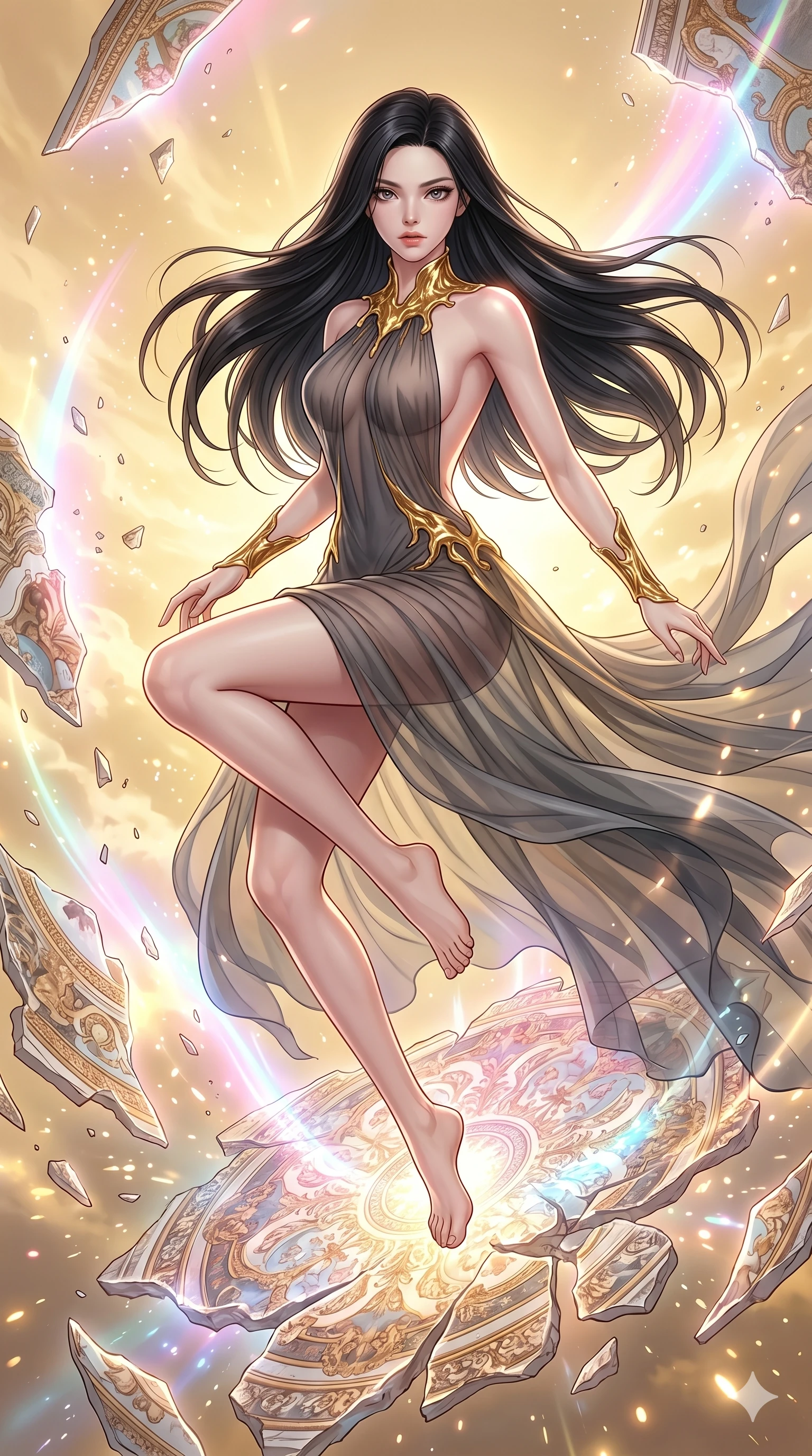 score_9, masterpiece, best quality, ultra-detailed, high-budget anime keyframe, Korean woman. upper body close-up from the thighs up, character filling the screen for maximum presence. propelling herself off digital baroque ceiling fresco shards that float and reassemble in a golden sky. She has an absolutely perfect 8-heads proportion, an exceptionally tall and slender female figure with impossibly long slender legs and an ultra-slim waist. V-shaped jawline, high-bridge nose, intricate jewel-like eyes with depth, thick eyelashes, glossy lips with a natural sheen.. wearing a molten gold and chiffon gown, featuring organic liquid gold collar and cuffs on a translucent charcoal-gray halter neck chiffon gown with a deep backless design. enhanced by a luminous pastel spectrum glow, casting elegant rim lights on her shoulders and jawline. 2k, ultra detail, master piece, 9:16 ratio