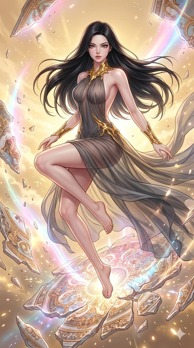 score_9, masterpiece, best quality, ultra-detailed, high-budget anime keyframe, Korean woman. upper body close-up from the thighs up, character filling the screen for maximum presence. propelling herself off digital baroque ceiling fresco shards that