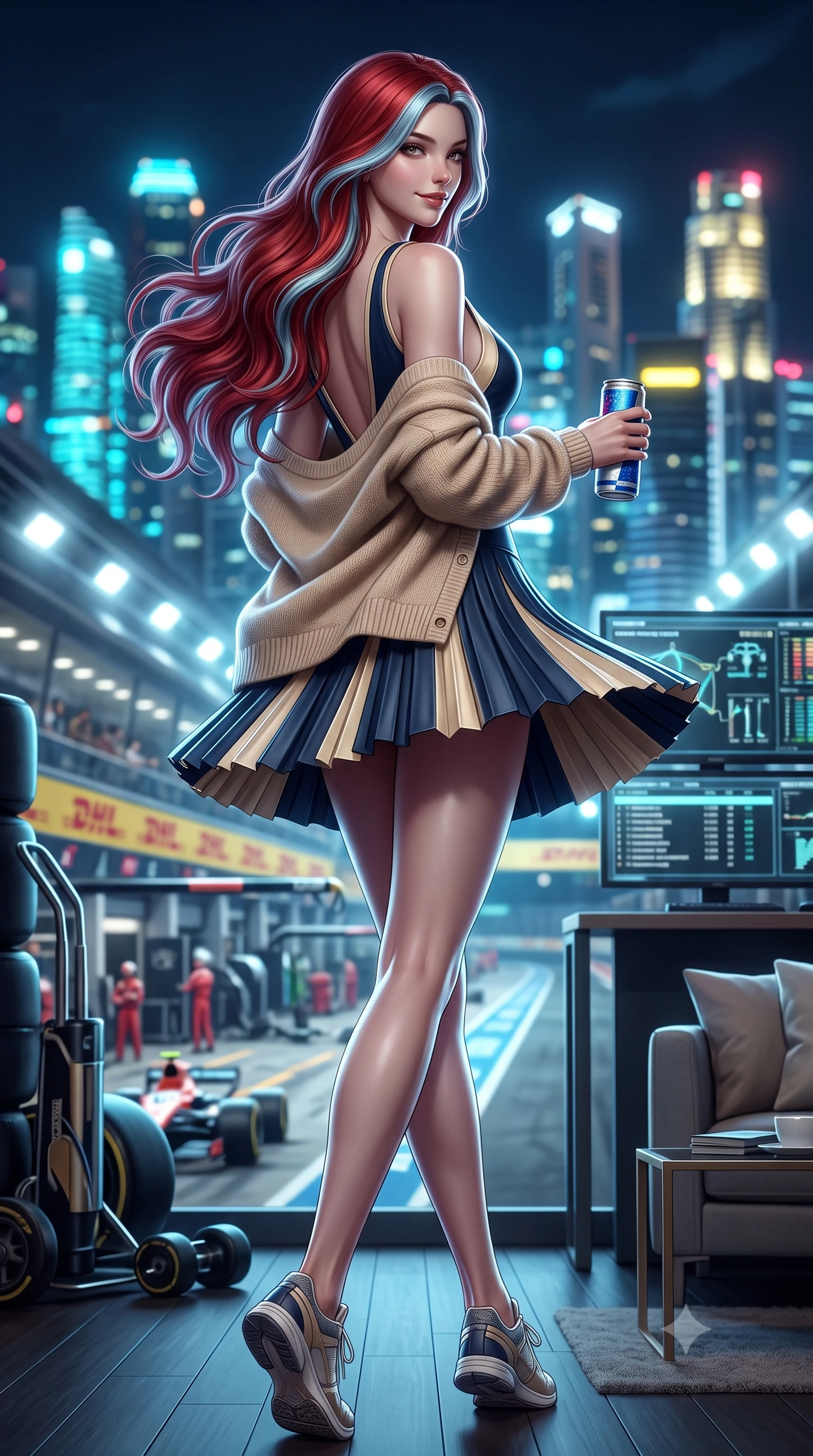 score_9, masterpiece, best quality, ultra-detailed, high-budget anime keyframe, semi-realistic 3D game render, editorial fashion photography, tasteful artistic composition, Caucasian woman. low angle full-body shot from head to toe showing her feet, filling the entire 9:16 vertical frame with her statuesque presence, stretching her vertical silhouette. executing an athletic pivot turn as her pleated tennis skirt flutters around her slender legs, glancing over her shoulder with an intoxicating, teasing bedroom-gaze while lounging in the private air-conditioned paddock suite with legs crossed, holding a chilled energy drink while flashing a dangerous, playful half-smile. The background shows a soft-focus the dazzling high-intensity track floodlights, roaring pit lane garages, and futuristic Singapore skyline blurred into electric cyan, gold, and magenta bokeh. She has an absolutely perfect, statuesque 8.5-heads proportion, an exceptionally tall and slender model-like female figure with impossibly long slender legs, an ultra-slim waist, a flat toned midriff, narrow delicate ribcage, and beautifully sculpted feminine hips creating a graceful, slim hourglass silhouette without any bulky heaviness. sharp v-shaped jawline, high-bridge nose, sparkling eyes with athletic focus and depth, thick curled eyelashes, glossy parted lips with a natural coral-peach sheen, bright confident and coquettish smile with alluring bedroom-eyes, exuding both youthful sporty vigor and sovereign high-society glamour, flawlessly proportioned anatomical accuracy, strict slender model proportions, natural body alignment, perfectly sculpted long slender limbs, ultra-slim waistline, clean dynamic posture without body distortion. wearing a deep V-neck knit tennis dress with an open-back scoop and knife-pleated skirt tracing her narrow waist and hips in Monaco navy blue and cream champagne gold, crafted from supple buttery lambskin racing leather with a satin sheen, complemented by an oversized cashmere knit cardigan slipping off one bare shoulder, the form-contouring athletic cut accentuating her sculpted flat midriff, narrow delicate ribcage, and gracefully curvy hips with supermodel precision. illuminated by telemetry screen bounce and sharp platinum rim lights carving her razor-sharp jawline, narrow waist, and curvy hips. highly saturated vibrant anime colors, detailed shading with soft gradients, rich glossy textures, high-contrast stereoscopic depth, volumetric dynamic lighting, master piece, 9:16 ratio