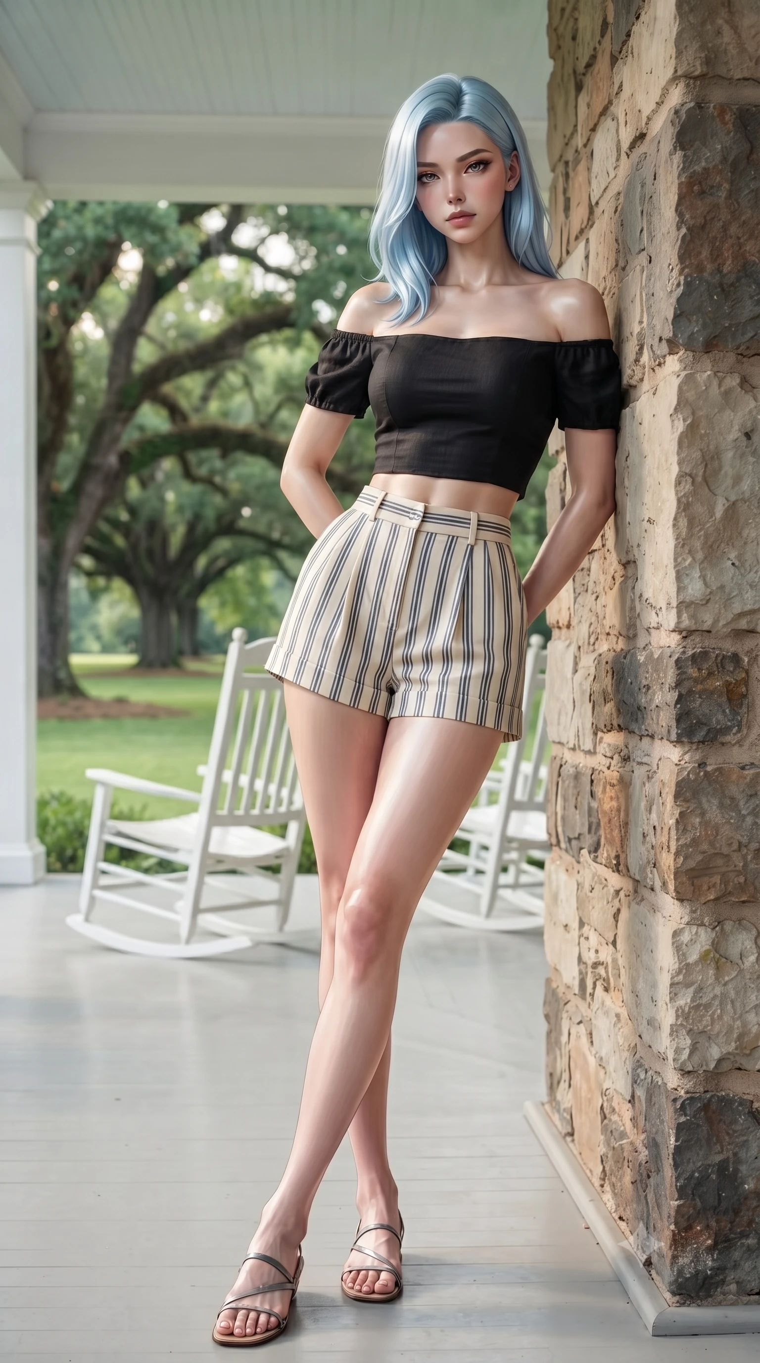 score_9, masterpiece, best quality, ultra-detailed, high-budget anime keyframe, editorial fashion photography, tasteful artistic composition, Korean woman woman. low angle full-body shot from head to toe showing her feet, filling the entire 9:16 vertical frame with her statuesque presence, stretching her vertical silhouette. leaning back against a rustic stone wall, casting a slow, alluring gaze at the camera the background shows a soft-focus a wide white veranda with rocking chairs, overlooking a large green lawn with oak trees. She has an absolutely perfect, statuesque 8.5-heads proportion, an exceptionally tall and slender model-like female figure with impossibly long slender legs and an ultra-slim waist. sharp v-shaped jawline, high-bridge nose, intricate jewel-like eyes with depth, thick eyelashes, glossy lips with a natural sheen. wearing a form-contouring chic off-shoulder crop top in black linen, paired with high-waisted striped resort shorts. soft late afternoon sunbeams casting a nostalgic, peaceful glow. ultra-reflective glossy finish, specular highlights, metallic sheen, high-contrast stereoscopic depth, volumetric dynamic lighting, 2k, ultra detail, master piece, 9:16 ratio