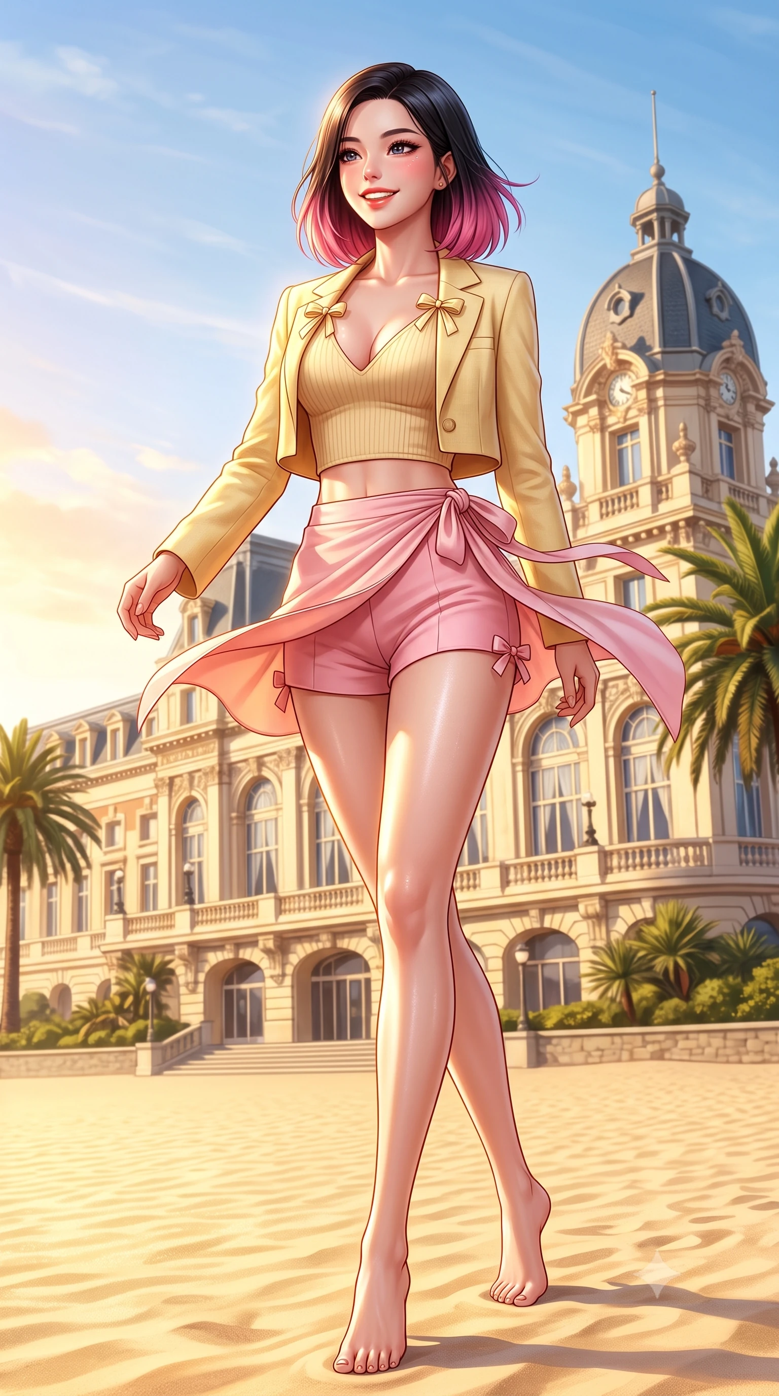 score_9, masterpiece, best quality, ultra-detailed, high-budget anime keyframe, semi-realistic 3D game render, editorial fashion photography, tasteful artistic composition, Korean woman. low angle full-body shot from head to toe showing her feet, filling the entire 9:16 vertical frame with her statuesque presence, stretching her vertical silhouette. stepping forward gracefully in mid-motion with a radiant beaming smile, hips swaying in an alluring kinetic rhythm that accentuates her curvy hourglass silhouette and long slender legs while turning in an alluring S-curve as ocean trade winds whip her silk wrap skirt, gazing toward the historic casino palace with parted glossy lips. The surrounding environment is rendered in vivid detail and crisp panoramic clarity. detailed resort wear weave, coastal sun specular highlights on skin, and Biarritz coastline in high resolution. She has an exceptionally tall and slender model-like 8.5-heads proportion, an ultra-slim waist, a flat toned midriff, narrow delicate ribcage, and beautifully sculpted feminine hips creating a graceful, slim hourglass silhouette without any bulky heaviness, with impossibly long slender legs. sharp v-shaped jawline, high-bridge nose, intricate jewel-like sparkling eyes with depth, thick eyelashes, glossy parted lips with a natural peach sheen, bright cheerful beaming smile with an enchanting and coquettish sensual glint, exuding both youthful cute charm and seductive allure, flawlessly proportioned anatomical accuracy, strict slender model proportions, natural body alignment, perfectly sculpted long slender limbs, ultra-slim waistline, clean dynamic posture without body distortion. wearing a chic cropped linen blazer worn with a plunging-V camisole and high-waisted tailored hot-pants showcasing her long slender legs in sweet strawberry milk pink and butter yellow, formed from supple second-skin stretch ribbed knit clinging to her form, finished with cute satin bow ribbons tying at the shoulders, the form-contouring cut accentuating her sculpted flat midriff, narrow delicate ribcage, and gracefully curvy hips with supermodel precision. bathed in brilliant golden hour Atlantic sunlight and intense golden sand bounce fill. highly saturated vibrant anime colors, detailed shading with soft gradients, rich glossy textures, high-contrast stereoscopic depth, volumetric dynamic lighting, master piece, 9:16 ratio