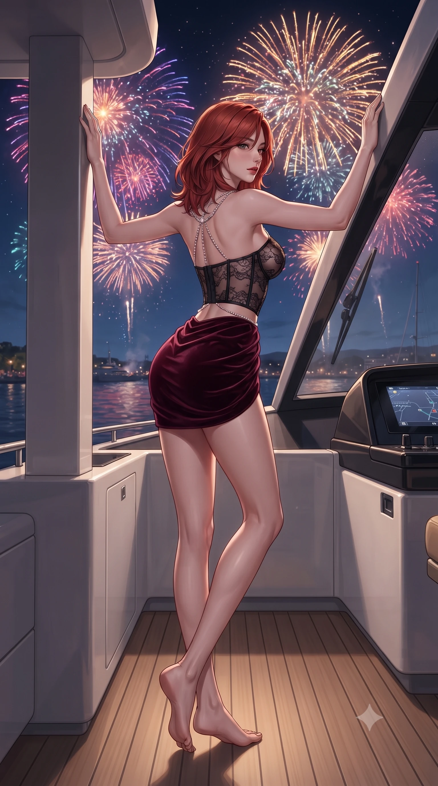score_9, masterpiece, best quality, ultra-detailed, high-budget anime keyframe, editorial fashion photography, tasteful artistic composition, Korean woman. low angle full-body shot from head to toe showing her feet, filling the entire 9:16 vertical frame with her statuesque presence, stretching her vertical silhouette. standing tall beside the architectural column, one hand resting high while arching her lower back to emphasize her sculpted feminine hips and slender waist while leaning against the flybridge windscreen with hips cocked back, looking over a bare shoulder toward colorful fireworks bursting over the harbor. The surrounding environment is rendered in vivid detail and crisp panoramic clarity: detailed plunging cowl-neck metallic gown cling, diamond earrings sparkle, and luxury yacht flybridge engineering in razor-sharp precision. She has an absolutely perfect, statuesque 8.5-heads proportion, an exceptionally tall and slender model-like female figure with impossibly long slender legs, an ultra-slim waist, a flat toned midriff, narrow delicate ribcage, and beautifully sculpted feminine hips creating a graceful, slim hourglass silhouette without any bulky heaviness. sharp v-shaped jawline, high-bridge nose, sparkling eyes with hypnotic seductive depth, thick curled eyelashes, glossy parted lips with a natural dewy peach sheen, alluring bedroom-eyes with an enchanting coquettish smile, exuding magnetic siren charisma and sophisticated glamour, flawlessly proportioned anatomical accuracy, strict slender model proportions, natural body alignment, perfectly sculpted long slender limbs, ultra-slim waistline, clean dynamic posture without body distortion. wearing a sculpted underwire demi-bustier in semi-sheer lace paired with an ultra-short draped tulip skirt in deep bordeaux velvet and delicate black chantilly, tailored from fine structural neoprene with crisp architectural edges and smooth contouring, accented with a pearl-drop body harness subtly framing her dewy collarbones and spine, the liquid-tight tailored fabric clinging flawlessly to her narrow waist and rounded feminine hips, emphasizing every millimeter of her sculpted slim hourglass curves without any bulky heaviness. illuminated by high-gloss bar surface bounce and sharp festive-gold rim lights sculpting her jawline, flat midriff, and curvy hips. ultra-reflective glossy finish, specular highlights, rich textural contrasts, high-contrast stereoscopic depth, volumetric dynamic lighting, 2k, ultra detail, master piece, 9:16 ratio