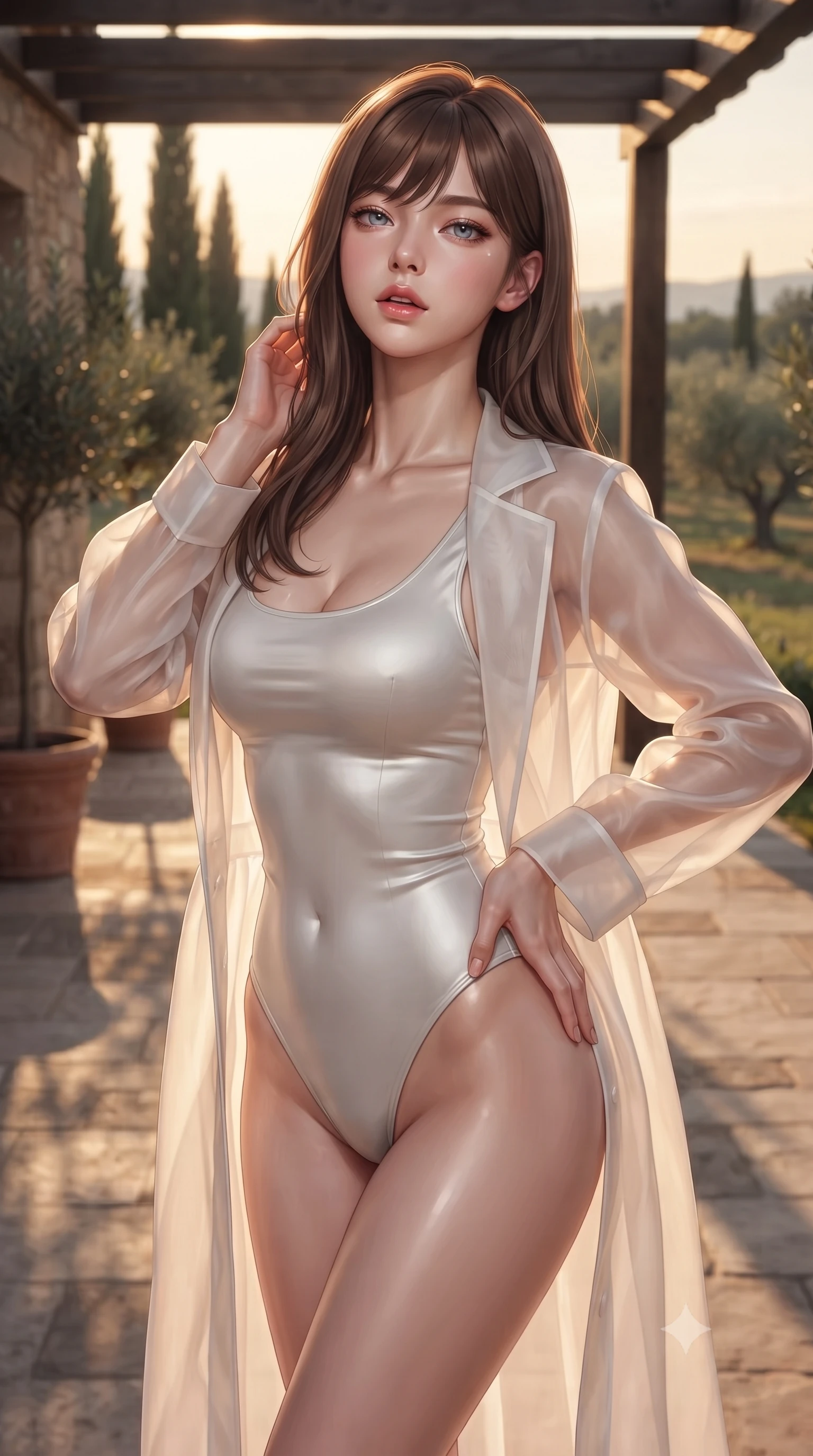 score_9, masterpiece, best quality, ultra-detailed, high-budget anime keyframe, editorial fashion photography, tasteful artistic composition, Korean woman woman. close-up cowboy shot from the waist and thighs up, the character dominates the composition, filling the frame with her large presence, background elements kept in soft focus. tilting her chin up slightly with lips parted in a composed, provocative expression the background shows a soft-focus a private stone patio of a Tuscan villa surrounded by cypress trees and olive orchards. She has an exceptionally elegant, slender, and willowy female figure with an ultra-slim waist, a gracefully sculpted slender torso, and a refined silhouette. sharp v-shaped jawline, high-bridge nose, intricate jewel-like eyes with depth, thick eyelashes, glossy lips with a natural sheen. wearing a tailored sheer white organza resort cover-up worn over a form-fitting one-piece swimsuit, showing her elegant clavicle lines. warm sunset light casting long, clean shadow lines from the villa's architecture. ultra-reflective glossy finish, specular highlights, metallic sheen, high-contrast stereoscopic depth, volumetric dynamic lighting, 2k, ultra detail, master piece, 9:16 ratio