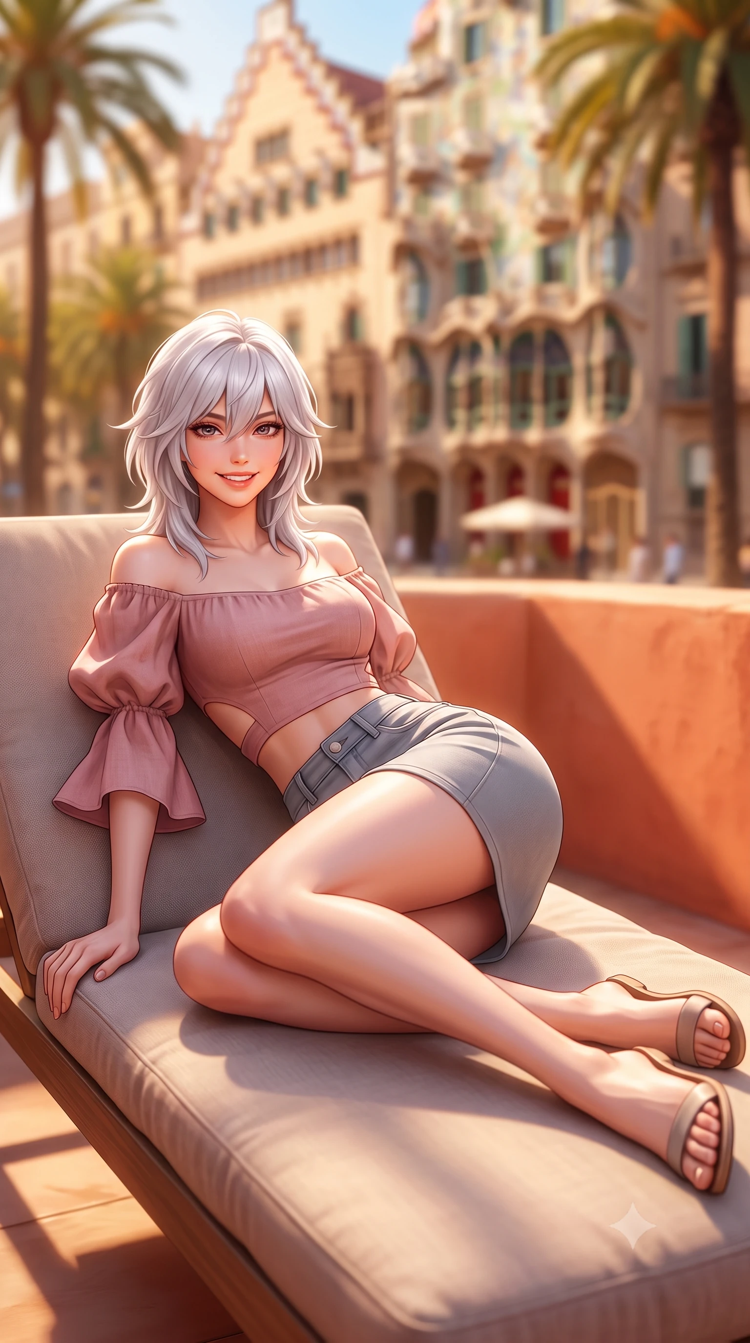 score_9, masterpiece, best quality, ultra-detailed, high-budget anime keyframe, semi-realistic 3D game render, editorial fashion photography, tasteful artistic composition, Japanese woman. low angle full-body shot from head to toe showing her feet, filling the entire 9:16 vertical frame with her statuesque presence, stretching her vertical silhouette. reclining languidly on her side across the sunbed with one knee drawn up, her radiant smile and arched hip curve commanding the 9:16 vertical frame with youthful sensual charisma while twisting her slender torso in an alluring S-curve as warm Catalan afternoon breezes flutter her silk wrap dress. The composition keeps background elements in soft focus with dreamy creamy bokeh. flowing art nouveau architectural facades and palm tree canopies along the boulevard blurred into warm terracotta, gold, and jade bokeh. She has an exceptionally tall and slender model-like 8.5-heads proportion, an ultra-slim waist, a flat toned midriff, narrow delicate ribcage, and beautifully sculpted feminine hips creating a graceful, slim hourglass silhouette without any bulky heaviness, with impossibly long slender legs. sharp v-shaped jawline, high-bridge nose, intricate jewel-like sparkling eyes with depth, thick eyelashes, glossy parted lips with a natural peach sheen, bright cheerful beaming smile with an enchanting and coquettish sensual glint, exuding both youthful cute charm and seductive allure, flawlessly proportioned anatomical accuracy, strict slender model proportions, natural body alignment, perfectly sculpted long slender limbs, ultra-slim waistline, clean dynamic posture without body distortion. wearing an off-shoulder puff-sleeve crop blouse with a tight high-waisted denim A-line mini skirt emphasizing her curvy hips in dusty rose and soft dove grey, crafted from soft breathable linen with effortless natural drape, featuring elegant flutter sleeves and a graceful square neckline, the precision-cut side openings and low-back scoop framing her graceful spine and the sensual sweep of her slim, toned hips. illuminated by warm terracotta wall bounce fill sharply defining her sculpted collarbones, ultra-slim waist, and curvy hips. highly saturated vibrant anime colors, detailed shading with soft gradients, rich glossy textures, high-contrast stereoscopic depth, volumetric dynamic lighting, master piece, 9:16 ratio