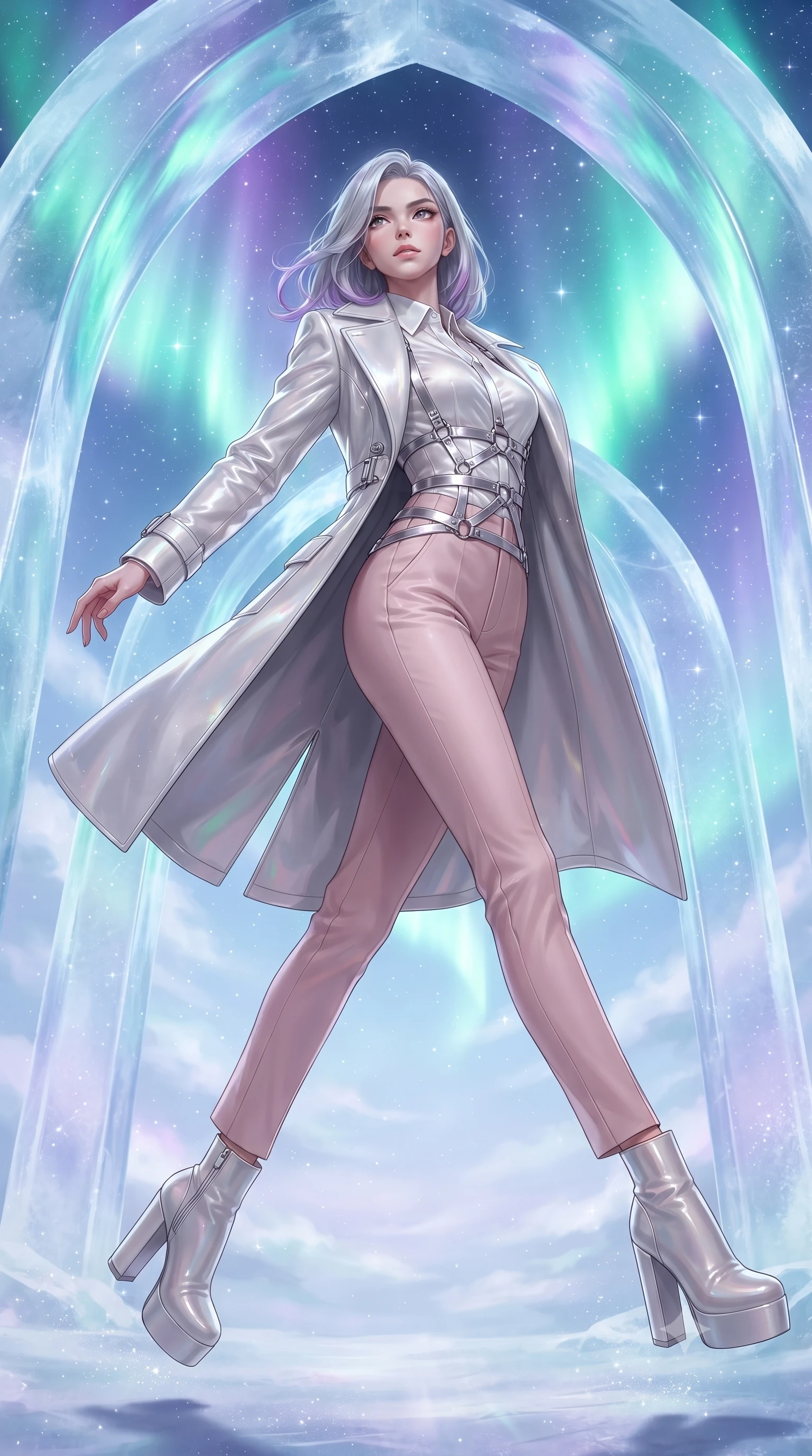 score_9, masterpiece, best quality, ultra-detailed, high-budget anime keyframe, editorial fashion photography, tasteful artistic composition, Caucasian woman. low angle full-body shot from head to toe showing her feet, filling the entire 9:16 vertical frame with her statuesque presence, stretching her vertical silhouette. leaping dynamically through the luminous sky, her posture full of power and elegance, walking beneath massive ice arches that refract emerald and violet polar lights, fine diamond dust frost glittering like stars in the cool ambient air. She has an absolutely perfect, statuesque 8.5-heads proportion, an exceptionally tall and slender model-like female figure with impossibly long slender legs and an ultra-slim waist. sharp v-shaped jawline, high-bridge nose, intricate jewel-like eyes with depth, thick eyelashes, glossy lips with a natural sheen. wearing structured platinum leather long coat over white silk blouse and tailored slacks in soft blush pink, made of high-gloss liquid pearl vinyl, highlighted by a platinum metallic harness structure, the fitted fabric emphasizing her ultra-slim waist. lit by intense aurora key light cutting through clear translucent ice. highly saturated vibrant anime colors, detailed shading with soft gradients, rich glossy textures, high-contrast stereoscopic depth, volumetric dynamic lighting, master piece, 9:16 ratio