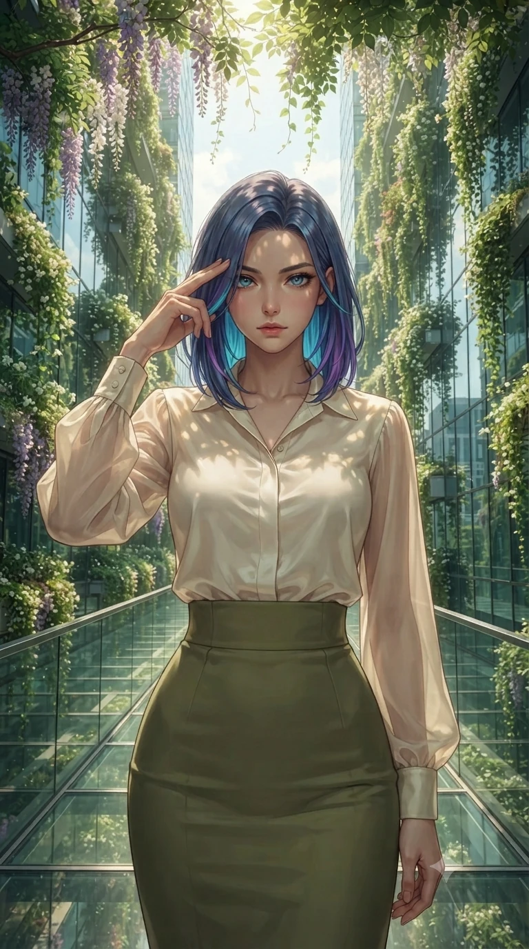 score_9, masterpiece, best quality, ultra-detailed, high-budget anime keyframe, editorial fashion photography, tasteful artistic composition, Caucasian woman, strictly human ears. close-up cowboy shot from the waist and thighs up, the character dominates the composition, filling the frame with her large presence, background elements kept in soft focus. Pressing two fingers to her temple in a composed thoughtful gesture. set against a soft-focus background of an elevated glass walkway between two mirror-clad skyscrapers completely covered in cascading vertical gardens with flowering wisteria jasmine and trailing ivy framing the sky corridor. She has an exceptionally elegant and slender, willowy female figure with an ultra-slim waist, a gracefully sculpted slender torso, and a refined slim physique. sharp v-shaped jawline, high-bridge nose, intricate jewel-like eyes with depth, thick eyelashes, glossy lips with a natural sheen. wearing a cream silk blouse with sheer chiffon sleeves, tucked into a high-waisted olive green pencil skirt. dappled natural sunlight filtering through the hanging garden canopy creating organic leaf shadows and warm green-filtered light with bright sky visible through gaps. 2k, ultra detail, master piece, 9:16 ratio