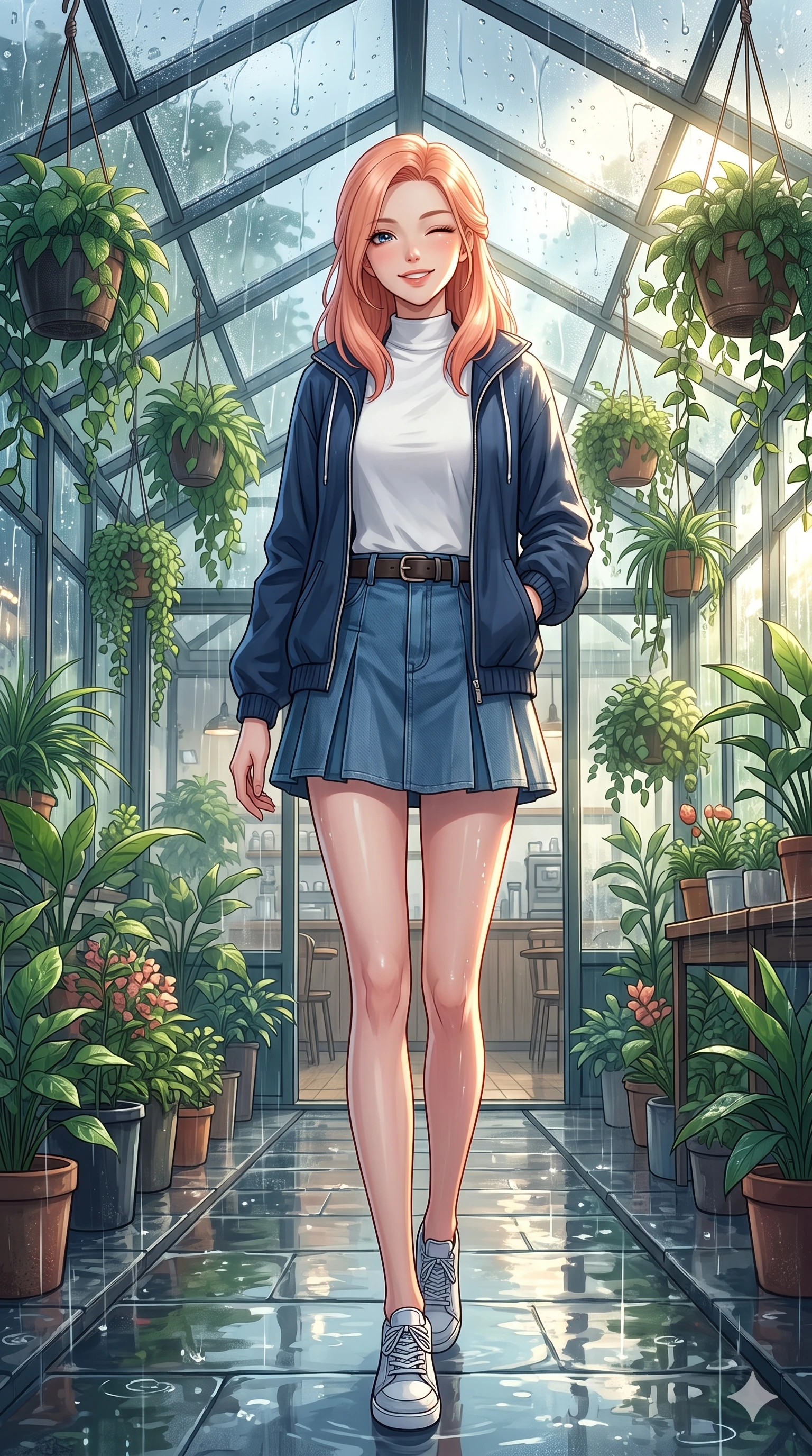 score_9, masterpiece, best quality, ultra-detailed, high-budget anime keyframe, vibrant anime aesthetic, Japanese woman. low angle full-body shot from head to toe showing her feet, filling the entire 9:16 vertical frame with her statuesque presence, stretching her vertical silhouette. She is walking down a rain-slicked path, winking and smiling cheerfully, gazing at the camera with sparkling eyes with a gentle tilt of her head. inside a spacious greenhouse cafe filled with hanging plants, where rain drums softly on the glass roof panels (Code-P22-016). She has an absolutely perfect 8-heads proportion, an exceptionally tall and slender female figure with impossibly long slender legs and an ultra-slim waist. V-shaped jawline, high-bridge nose, intricate jewel-like eyes with depth, thick eyelashes, glossy lips with a natural sheen. wearing a modern windbreaker in navy over a high-neck shirt and a pleated denim skirt with an elegant leather belt. She is drenched in brilliant morning sunshine reflecting off wet glass domes, highlighting her winking face and glossy lips in the rainy afternoon. 2k, ultra detail, master piece, 9:16 ratio