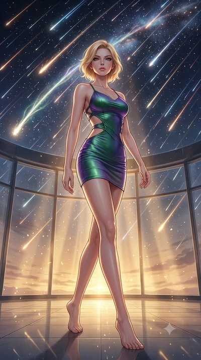 score_9, masterpiece, best quality, ultra-detailed, high-budget anime keyframe, editorial fashion photography, tasteful artistic composition, Caucasian woman, strictly human ears. low angle full-body shot from head to toe showing her feet, filling th