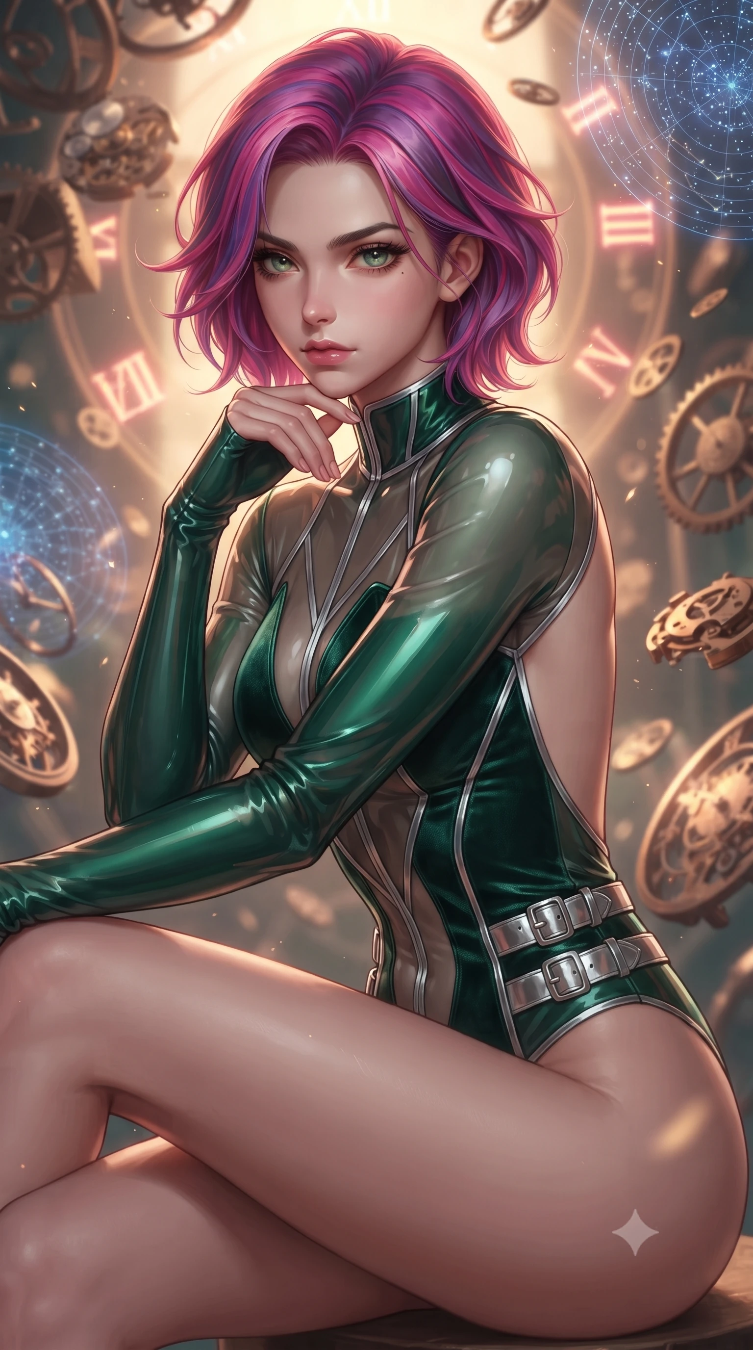 score_9, masterpiece, best quality, ultra-detailed, high-budget anime keyframe, editorial fashion photography, tasteful artistic composition, Caucasian woman. close-up cowboy shot from the waist and thighs up, the character dominates the composition, filling the frame with her large presence, background elements kept in soft focus. Resting her chin on the backs of her fingers, casting a sharp, mysterious gaze navigating a blizzard of floating analog gear parts and glowing star maps, glowing neon clock numbers floating in the air with vintage elegancy. She has an exceptionally elegant, slender, and willowy female figure with an ultra-slim waist, a gracefully sculpted slender torso, and a refined silhouette. sharp v-shaped jawline, high-bridge nose, intricate jewel-like eyes with depth, thick eyelashes, glossy lips with a natural sheen. wearing a high-cut translucent vinyl leotard with front paneling and open back in deep emerald green and silver accent, made of premium stretch velvet with a rich sheen, detailed with polished silver buckles along the waistline, the glove-like fit emphasizing her statuesque silhouette. bathed in warm twilight amber backlighting and rich metallic specular glow. highly saturated vibrant anime colors, detailed shading with soft gradients, rich glossy textures, high-contrast stereoscopic depth, volumetric dynamic lighting, master piece, 9:16 ratio