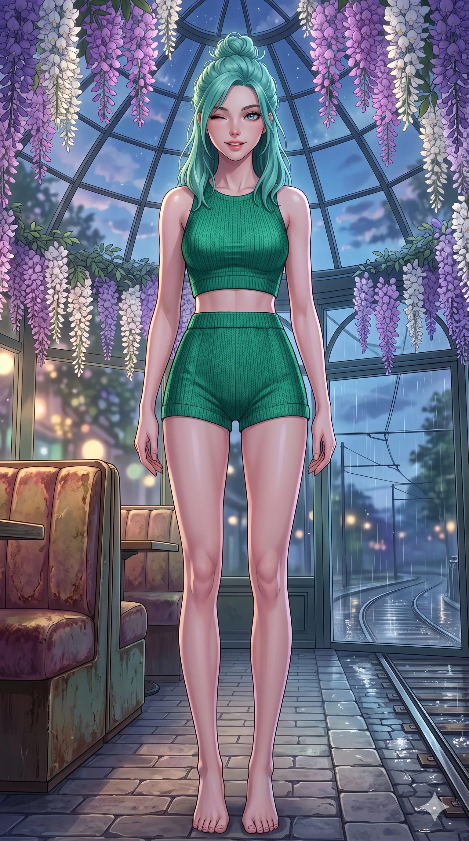 score_9, masterpiece, best quality, ultra-detailed, high-budget anime keyframe, vibrant anime aesthetic, Japanese woman. low angle full-body shot from head to toe showing her feet, filling the entire 9:16 vertical frame with her statuesque presence, stretching her vertical silhouette. She is standing under wisteria vines, winking with a cheerful and lively face, looking directly into the lens under the glass conservatory dome. inside a retro-themed cafe corner with plush velvet booths and a view of rain-slicked tram tracks outside (Code-P22-051). She has an absolutely perfect 8-heads proportion, an exceptionally tall and slender female figure with impossibly long slender legs and an ultra-slim waist. V-shaped jawline, high-bridge nose, intricate jewel-like eyes with depth, thick eyelashes, glossy lips with a natural sheen. wearing a cropped knit top paired with matching knit shorts in emerald green. She is lit by vibrant twilight sky reflections, tracing her shoulders and neckline, outlining her perfect 8-heads proportion in the cozy indoor garden. 2k, ultra detail, master piece, 9:16 ratio