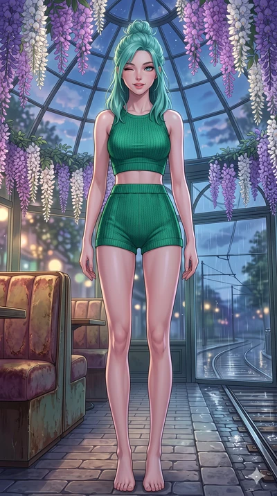 score_9, masterpiece, best quality, ultra-detailed, high-budget anime keyframe, vibrant anime aesthetic, Japanese woman. low angle full-body shot from head to toe showing her feet, filling the entire 9:16 vertical frame with her statuesque presence, 