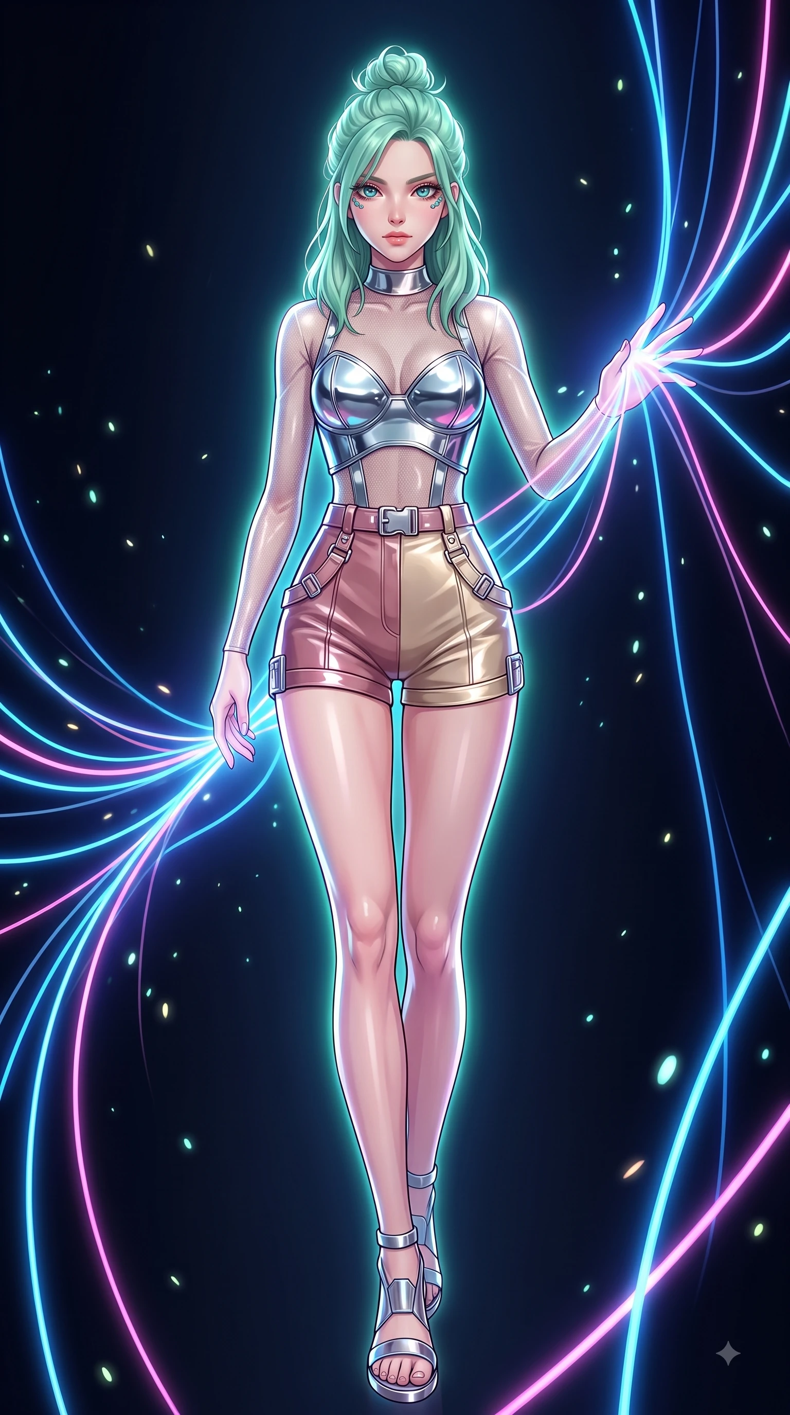 score_9, masterpiece, best quality, ultra-detailed, high-budget anime keyframe, editorial fashion photography, tasteful artistic composition, Japanese woman. low angle full-body shot from head to toe showing her feet, filling the entire 9:16 vertical frame with her statuesque presence, stretching her vertical silhouette. forging dynamically through the scene with her long slender legs and ultra-slim waist creating a sweeping curve while reaching forward with an arm stretch to touch a cluster of luminescent filament threads, glowing fiber optic motes drifting like fireflies in the dark background. She has an absolutely perfect, statuesque 8.5-heads proportion, an exceptionally tall and slender model-like female figure with impossibly long slender legs and an ultra-slim waist. sharp v-shaped jawline, high-bridge nose, intricate jewel-like eyes with depth, thick eyelashes, glossy lips with a natural sheen, flawlessly proportioned anatomical accuracy, natural body alignment, perfectly sculpted elegant limbs, clean dynamic posture without body distortion. wearing a chrome-plated structured bodice worn over a sheer mesh top and micro-shorts in dusty rose and champagne gold, tailored from high-gloss patent leather, detailed with polished silver buckles along the waistline, the glove-like fit emphasizing her statuesque silhouette during motion. surrounded by a vibrant fluorescent aura with bright specular rim lights. highly saturated vibrant anime colors, detailed shading with soft gradients, rich glossy textures, high-contrast stereoscopic depth, volumetric dynamic lighting, master piece, 9:16 ratio