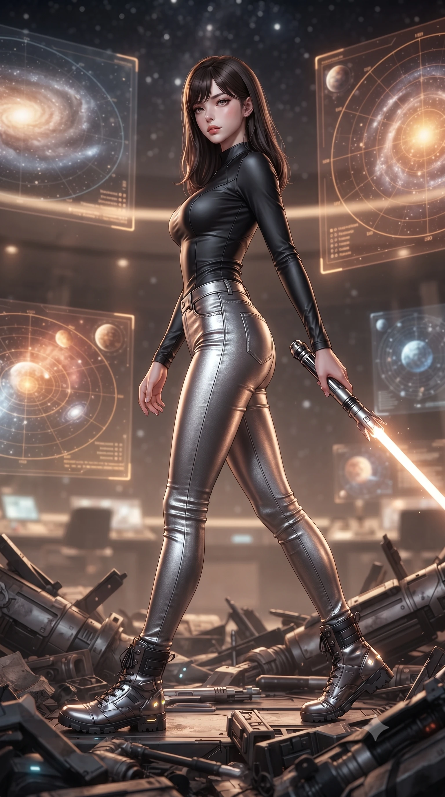 score_9, masterpiece, best quality, ultra-detailed, high-budget anime keyframe, editorial fashion photography, tasteful artistic composition, Korean woman. low angle full-body shot from head to toe showing her feet, filling the entire 9:16 vertical frame with her statuesque presence, stretching her vertical silhouette. stepping gracefully through battlefield debris with a glowing saber hilt in hand, looking back over her shoulder, the background shows a soft-focus a planetarium lounge with floating holograms showing glowing galaxy maps. She has an absolutely perfect, statuesque 8.5-heads proportion, an exceptionally tall and slender model-like female figure with impossibly long slender legs and an ultra-slim waist. sharp v-shaped jawline, high-bridge nose, intricate jewel-like eyes with depth, thick eyelashes, glossy lips with a natural sheen. wearing a body-hugging body-hugging long-sleeve combat top in carbon-black, tucked into tight-fitting metallic silver skinny pants. soft starlight and the warm amber glow of planetary coordinate holograms. ultra-reflective glossy finish, specular highlights, metallic sheen, high-contrast stereoscopic depth, volumetric dynamic lighting, 2k, ultra detail, master piece, 9:16 ratio