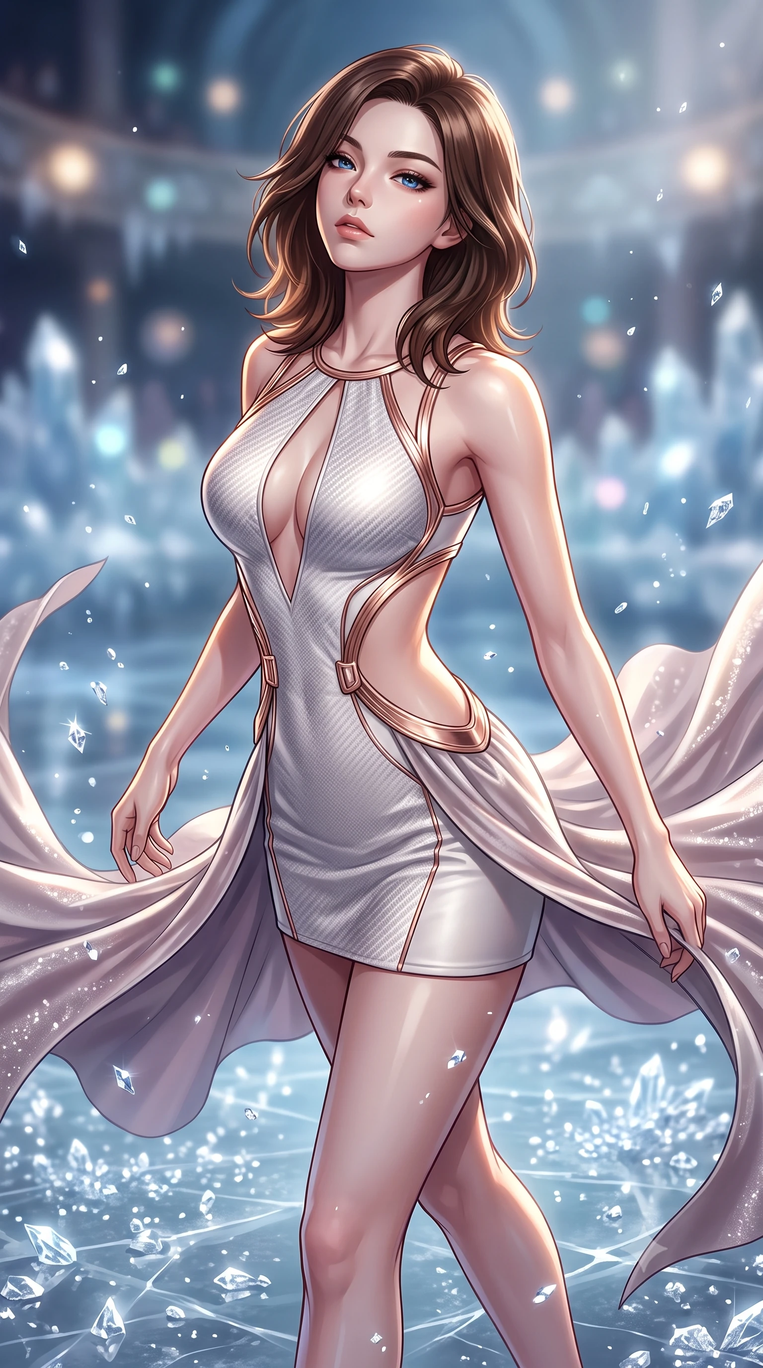score_9, masterpiece, best quality, ultra-detailed, high-budget anime keyframe, editorial fashion photography, tasteful artistic composition, Korean woman. close-up cowboy shot from the waist and thighs up, the character dominates the composition, filling the frame with her large presence, background elements kept in soft focus. Tilting her chin up with an air of effortless superiority while balancing dynamically amidst the scene while pivoting in a mid-stride turn while her velvet gown swirls over a glacial mirror floor, glimmering ice crystals scattering crisp silver specular highlights everywhere. She has an exceptionally elegant, slender, and willowy female figure with an ultra-slim waist, a gracefully sculpted slender torso, and a refined silhouette. sharp v-shaped jawline, high-bridge nose, intricate jewel-like eyes with depth, thick eyelashes, glossy lips with a natural sheen, flawlessly proportioned anatomical accuracy, natural body alignment, perfectly sculpted elegant limbs, clean dynamic posture without body distortion. wearing a dramatic open-waist cutout mini dress framed by sculptural hardware in pearl white and rose gold, made of fine carbon-fiber weave and soft matte leather, accented with a Tasteful chest slit framing her clavicle gracefully, the form-contouring material highlighting her ultra-slim waist and long lines. illuminated by dramatic opera key lights with ultra-bright specular highlights. highly saturated vibrant anime colors, detailed shading with soft gradients, rich glossy textures, high-contrast stereoscopic depth, volumetric dynamic lighting, master piece, 9:16 ratio