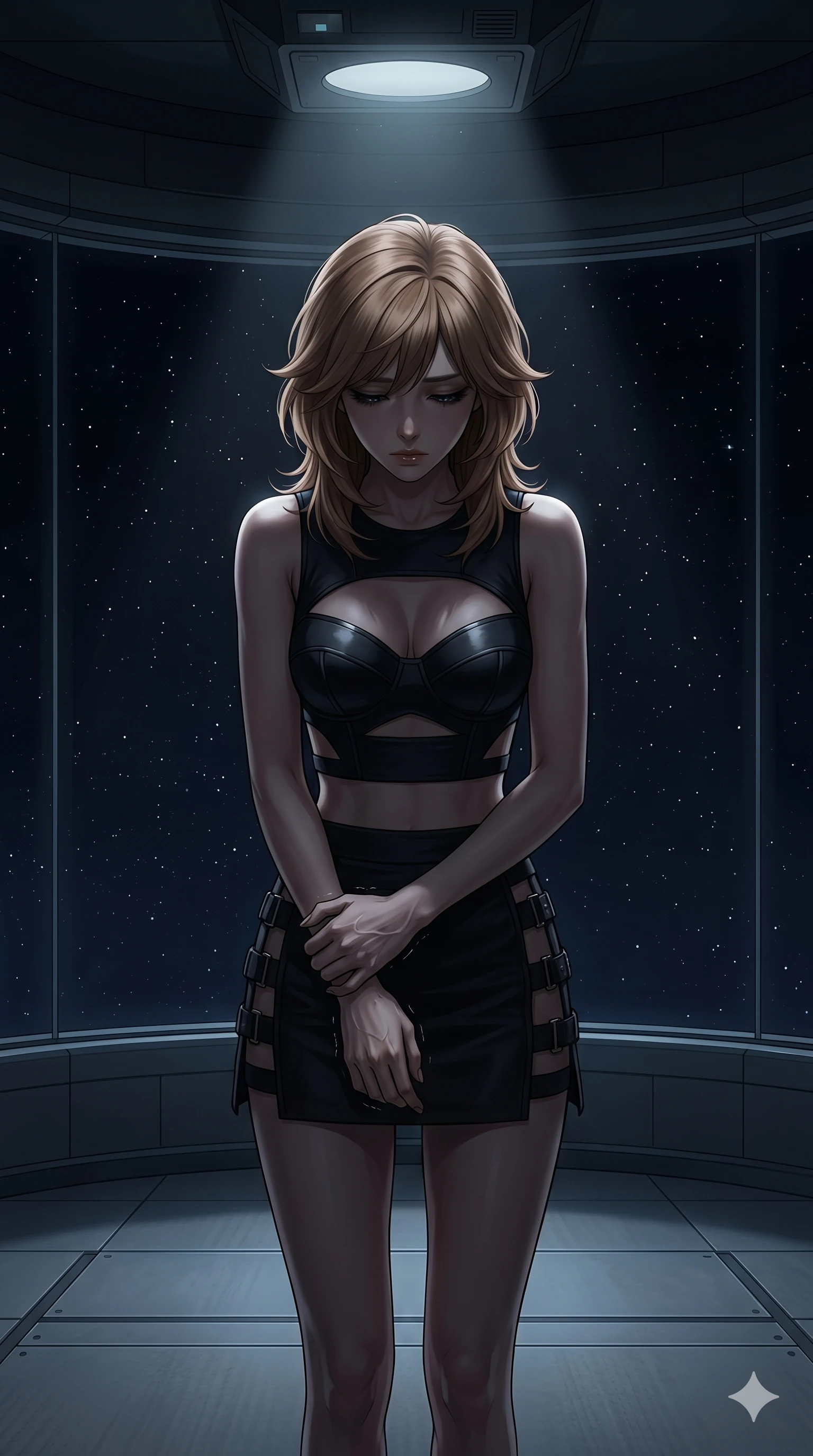 score_9, masterpiece, best quality, ultra-detailed, high-budget anime keyframe, editorial fashion photography, tasteful artistic composition, Korean woman. cowboy shot from the thighs up, character and outfit filling the frame for maximum editorial presence. collapsing her shoulders slightly, her hands trembling as she looks down at the ground in deep grief inside a quiet, empty orbital station observation deck staring into the void (Scenario Code S-56). She has an absolutely perfect 8-heads proportion, an exceptionally tall and slender female figure with impossibly long slender legs and an ultra-slim waist. V-shaped jawline, high-bridge nose, intricate jewel-like eyes with depth, thick eyelashes, glossy lips with a natural sheen. wearing a structured crop bustier with strategic cutouts and a matching micro-skirt with side straps. lit by a single weak spotlight from above, leaving her body mostly in deep shadows. 2k, ultra detail, master piece, 9:16 ratio