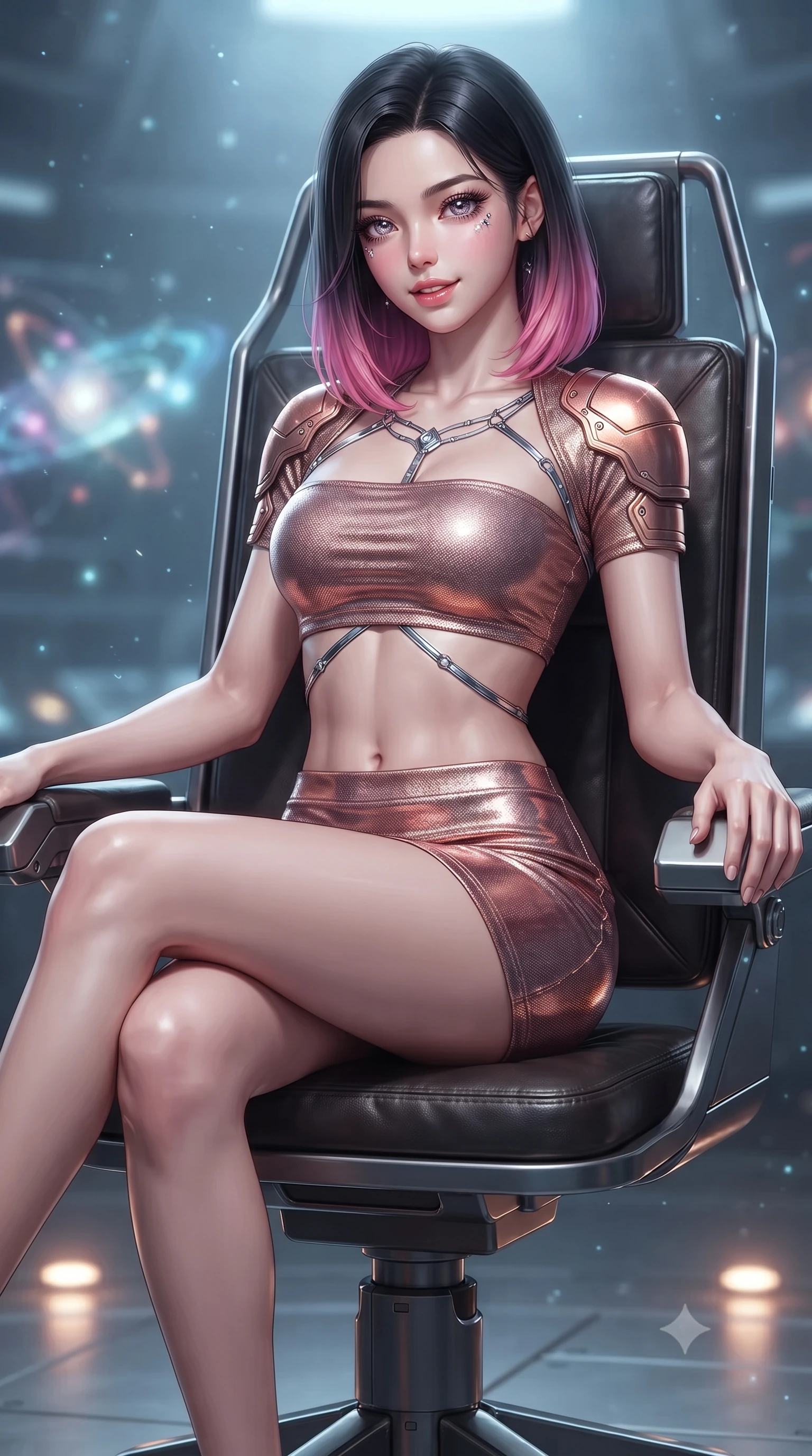 score_9, masterpiece, best quality, ultra-detailed, high-budget anime keyframe, editorial fashion photography, tasteful artistic composition, Korean woman. close-up cowboy shot from the waist and thighs up, the character dominates the composition, filling the frame with her large presence. tilting her head with a teasing half-smile, running one hand slowly down the side of her hip in a flirtatious S-curve as ambient light caresses her silhouette while sitting gracefully on the high-backed admiral chair with legs crossed, flashing an enchanting smile with parted glossy lips as galactic vectors rotate around her. The background shows a soft-focus cool atmospheric particulate glow softened in supreme command war-room shallow focus. She has an exceptionally elegant, slender, and willowy female figure with an ultra-slim waist, flat toned midriff, narrow ribcage, and sculpted feminine hips creating an alluring, slim hourglass silhouette without bulk. sharp v-shaped jawline, high-bridge nose, intricate jewel-like sparkling eyes with depth, thick eyelashes, glossy parted lips with a natural peach sheen, bright cheerful beaming smile with an enchanting and coquettish sensual glint, exuding both youthful cute charm and seductive allure, flawlessly proportioned anatomical accuracy, strict slender model proportions, natural body alignment, perfectly sculpted long slender limbs, ultra-slim waistline, clean dynamic posture without body distortion. wearing an ultra-cropped tactical tech-wear bandeau top with molded shoulder armor paired with a micro mini skirt revealing her flat toned midriff in high-gloss rose-gold and burnished copper, woven from stretch metallic lurex jersey casting radiant starlight glints across her curves, accented with a chrome-drop body harness subtly framing her dewy collarbones and spine, the liquid-tight tailored fabric clinging flawlessly to her narrow waist and rounded feminine hips, emphasizing every millimeter of her sculpted slim hourglass curves without any bulky heaviness. bathed in the multi-colored celestial glow of the rotating holographic star system contrasted with subtle floor-level warm lights. ultra-reflective glossy finish, specular highlights, rich textural contrasts, high-contrast stereoscopic depth, volumetric dynamic lighting, 2k, ultra detail, master piece, 9:16 ratio