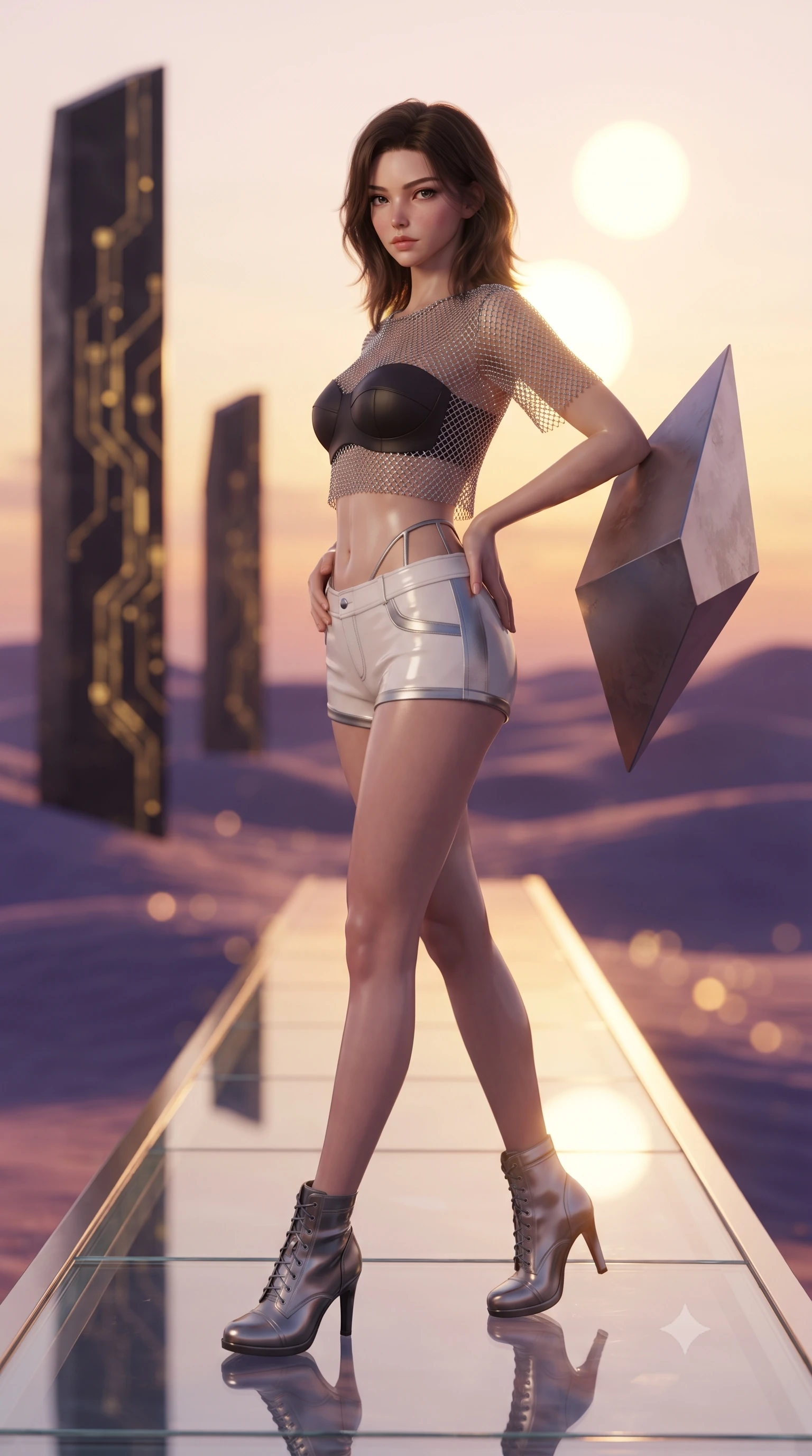 score_9, masterpiece, best quality, ultra-detailed, high-budget anime keyframe, editorial fashion photography, tasteful artistic composition, Korean woman. low angle full-body shot from head to toe showing her feet, filling the entire 9:16 vertical frame with her statuesque presence, stretching her vertical silhouette. walking slowly along the transparent glass skybridge, looking back over her shoulder with an air of effortless grace and an alluring, smoldering smile while leaning against a floating geometric metal shard with hips cocked back, casting an alluring bedroom-gaze over the twin-sun sunset. The background shows a soft-focus soaring obsidian monoliths with glowing golden circuit etchings and rolling violet sand dunes blurred into copper, amethyst, and gold bokeh. She has an absolutely perfect, statuesque 8.5-heads proportion, an exceptionally tall and slender model-like female figure with impossibly long slender legs, an ultra-slim waist, a flat toned midriff, narrow delicate ribcage, and beautifully sculpted feminine hips creating a graceful, slim hourglass silhouette without any bulky heaviness. sharp v-shaped jawline, high-bridge nose, intricate jewel-like sparkling eyes with depth, thick eyelashes, glossy parted lips with a natural sheen, bright confident smile with an enchanting and coquettish sensual glint, exuding both youthful magnetic charm and sovereign high-tech allure, flawlessly proportioned anatomical accuracy, strict slender model proportions, natural body alignment, perfectly sculpted long slender limbs, ultra-slim waistline, clean dynamic posture without body distortion. wearing a delicate silver chainmail mesh crop top layered over a sculpted matte black bandeau with low-rise combat shorts in pure alabaster white and brushed silver accents, tailored from ultra-reflective glossy liquid vinyl with mirror-like specular highlights, finished with delicate carbon-fiber boning framing the narrow waistline, the form-fitting tactical tailoring adhering flawlessly to her sculpted flat midriff and slender torso, emphasizing her long leg lines and perfectly proportioned willowy build. bathed in the warm, dramatic twin-sun sunset light casting long sculptural shadows. ultra-reflective glossy finish, specular highlights, rich textural contrasts, high-contrast stereoscopic depth, volumetric dynamic lighting, 2k, ultra detail, master piece, 9:16 ratio
