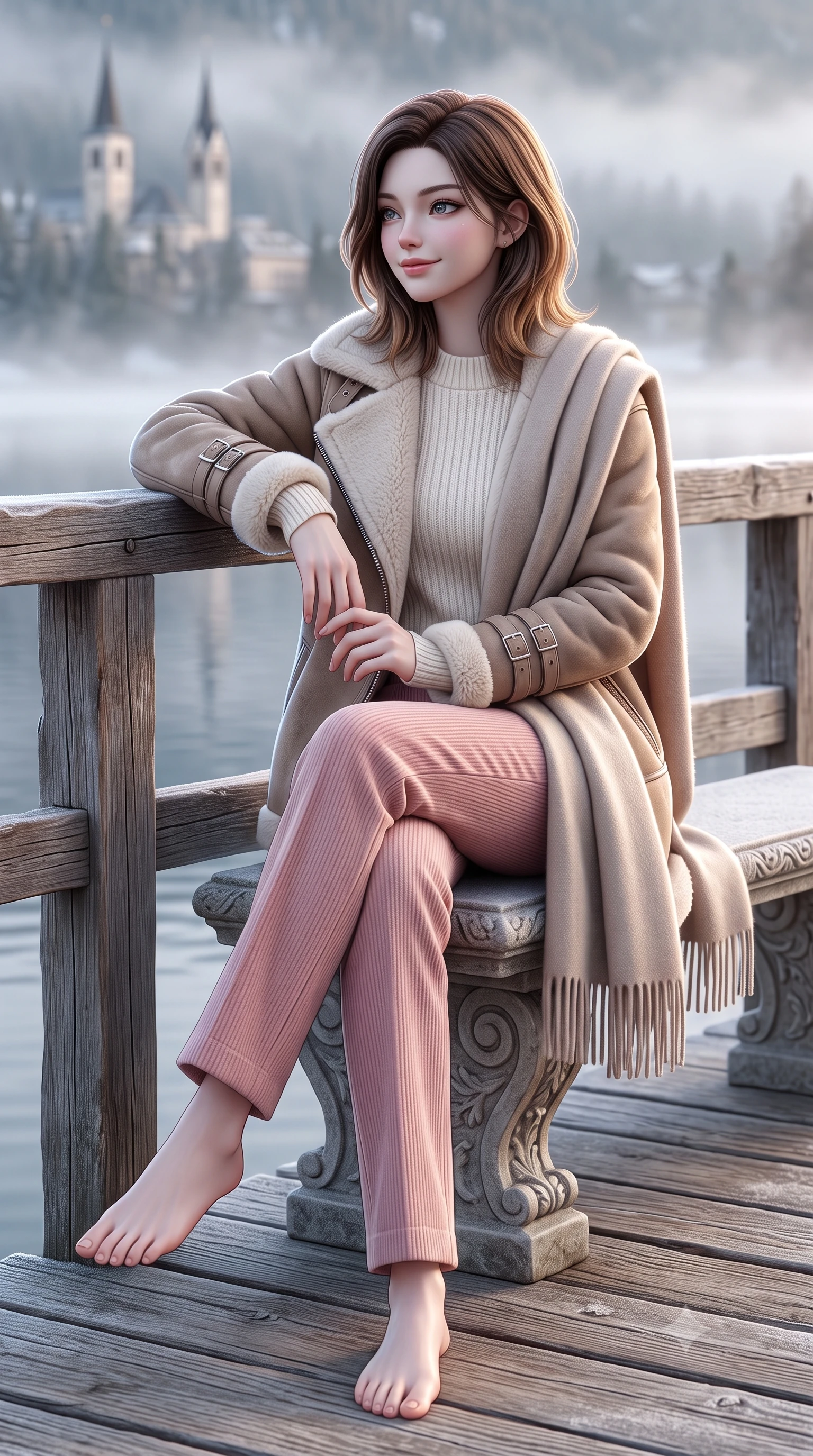score_9, masterpiece, best quality, ultra-detailed, high-budget anime keyframe, semi-realistic 3D game render, editorial fashion photography, tasteful artistic composition, Korean woman. low angle full-body shot from head to toe showing her feet, filling the entire 9:16 vertical frame with her statuesque presence, stretching her vertical silhouette. sitting gracefully on the carved stone bench with legs crossed at the ankles, hands resting gently in her lap with noble poise while leaning against the rustic timber pier railing, watching mist dance across the lake surface with tranquil poetic charm. The background shows a soft-focus distant St. Moritz village towers softened in pristine Swiss nature shallow focus. She has an exceptionally tall and slender model-like 8.5-heads proportion, an ultra-slim waist, a flat toned midriff, narrow delicate ribcage, and beautifully sculpted feminine hips creating a graceful, slim hourglass silhouette without any bulky heaviness, with impossibly long slender legs. sharp v-shaped jawline, high-bridge nose, intricate jewel-like sparkling eyes with depth, thick eyelashes, glossy parted lips with a natural peach sheen, bright cheerful beaming smile with an enchanting and coquettish sensual glint, exuding both youthful cute charm and seductive allure, flawlessly proportioned anatomical accuracy, strict slender model proportions, natural body alignment, perfectly sculpted long slender limbs, ultra-slim waistline, clean dynamic posture without body distortion. wearing a plush shearling-trimmed suede aviator coat layered over a cozy ribbed merino knit sweater and tailored corduroy pants in Parisian pastel rose bouclé and cream pearl, made of crisp Egyptian cotton poplin with pristine tailored pressing, accented with a wide brushed cashmere fringe scarf draped elegantly over one shoulder, the streamlined silhouette following her natural slender proportions with sophisticated poise, enhancing her tall willowy presence. illuminated by frosted ground bounce and sharp crystalline rim lights defining her features, narrow waist, and statuesque height. highly saturated vibrant anime colors, detailed shading with soft gradients, rich glossy textures, high-contrast stereoscopic depth, volumetric dynamic lighting, master piece, 9:16 ratio