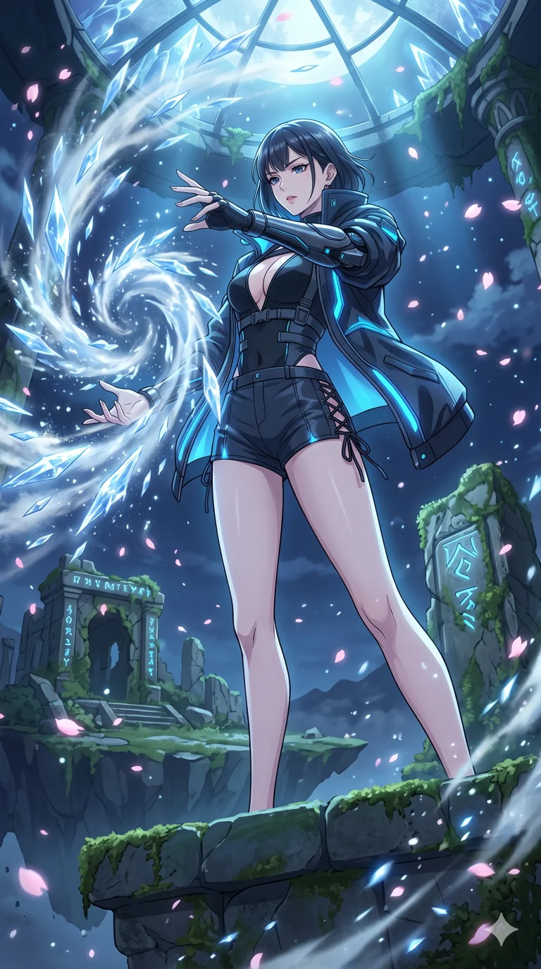 score_9, masterpiece, best quality, ultra-detailed, High-budget Anime Keyframe, vibrant colors, fluid line-art, expressive lighting, cinematic composition, Ufotable-style visual effects, top-tier animation quality, Japanese woman with delicate and elegant anime-inspired features. Wide-angle low shot emphasizing her impossibly long slender legs and commanding stature. Casting a powerful ice spell that instantly turns the humid air into a storm of sharp, glittering ice crystals. She has an absolutely perfect 8-heads proportion, an exceptionally tall and slender female figure with impossibly long slender legs and an ultra-slim waist, her statuesque height and towering silhouette dominating the vertical 9:16 frame. Her face is a masterpiece featuring a sharp v-shaped jawline, high-bridge nose, intricate jewel-like eyes with depth, thick eyelashes, and glossy lips with a natural sheen. She is wearing a Cyber-augmented streetwear featuring mechanical arm parts and a micro-shorts/harness combo crafted from Bioluminescent silk that emits a soft, ethereal glow from within the fabric, featuring a deep plunging neckline and delicate lace-up side details. The scene is set in an ancient floating island with pink cherry blossoms falling like snow against a blue sky, illuminated by ethereal moonlight filtering through a crystalline canopy, creating soft highlights. 2k, ultra detail, master piece, 9:16 ratio