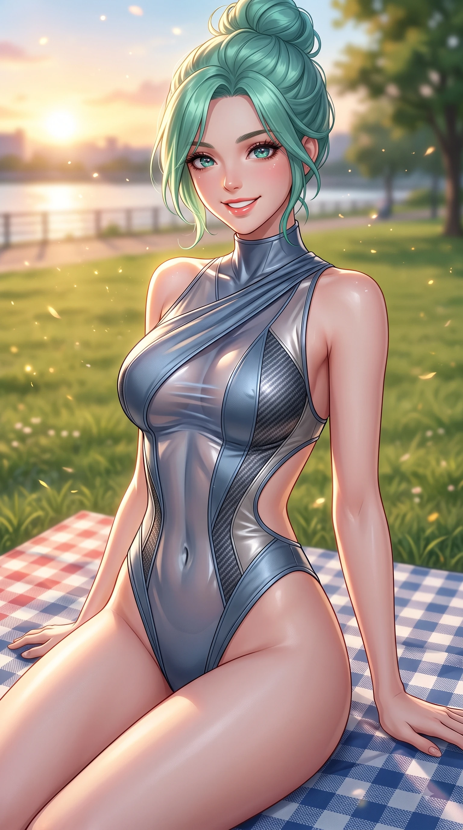 score_9, masterpiece, best quality, ultra-detailed, high-budget anime keyframe, editorial fashion photography, tasteful artistic composition, Japanese woman. close-up cowboy shot from the waist and thighs up, the character dominates the composition, filling the frame with her large presence, background elements kept in soft focus. Cheerful beaming smile with sparkling eyes and a fresh girlhood aura, leaning forward with playful grace while sitting playfully on a checkered picnic mat on a green riverfront park lawn at sunset, green park lawns scattered with golden evening light motes and gentle breezes. She has an exceptionally elegant, slender, and willowy female figure with an ultra-slim waist, a gracefully sculpted slender torso, and a refined silhouette. sharp v-shaped jawline, high-bridge nose, intricate jewel-like eyes with depth, thick eyelashes, glossy lips with a natural sheen, flawlessly proportioned anatomical accuracy, natural body alignment, perfectly sculpted elegant limbs, clean dynamic posture without body distortion. wearing a high-cut translucent vinyl leotard with front paneling and open back in slate blue and metallic silver, made of fine carbon-fiber weave and soft matte leather, featuring clean architectural cutouts along her slender torso, the elegant draped fit framing her graceful clavicle and slender torso. surrounded by a serene, uplifting, and romantic riverside park ambiance. highly saturated vibrant anime colors, detailed shading with soft gradients, rich glossy textures, high-contrast stereoscopic depth, volumetric dynamic lighting, master piece, 9:16 ratio