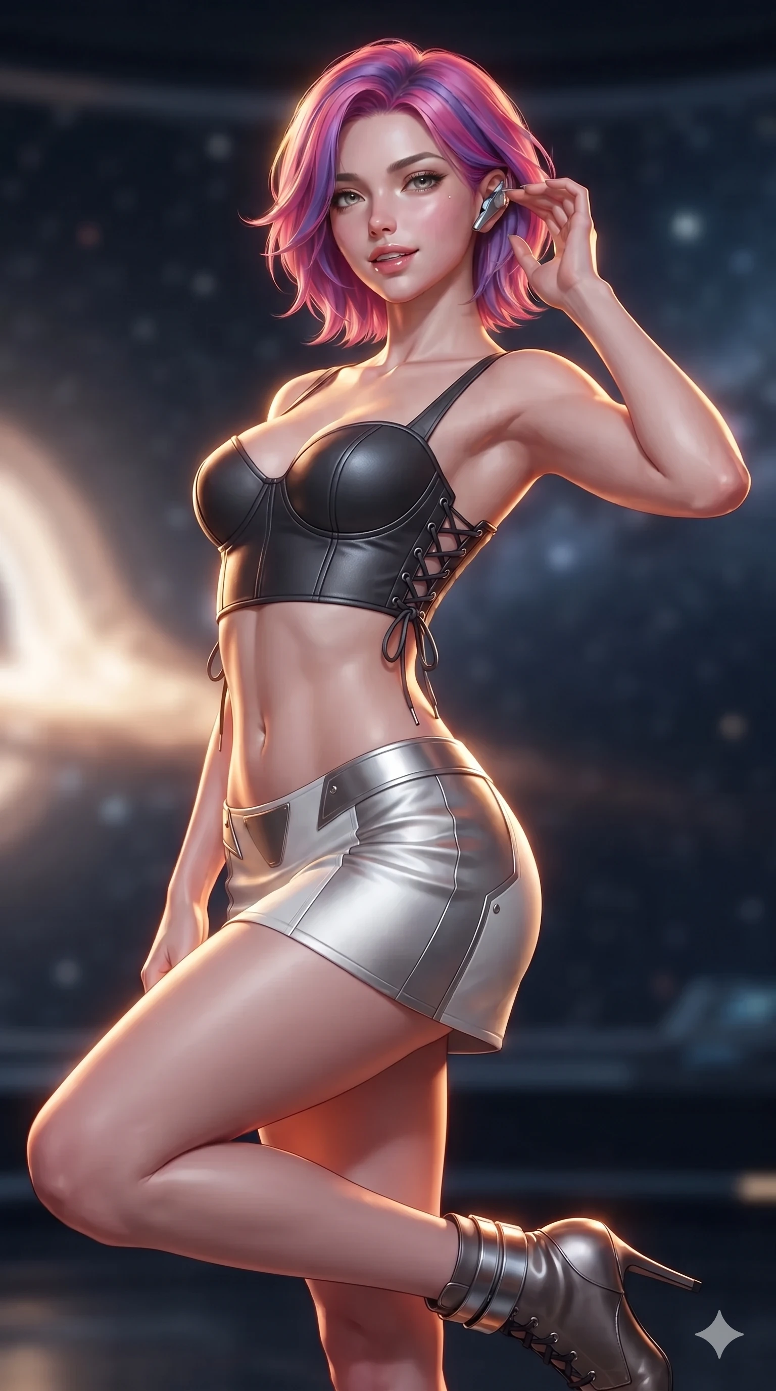score_9, masterpiece, best quality, ultra-detailed, high-budget anime keyframe, editorial fashion photography, tasteful artistic composition, Caucasian woman. close-up cowboy shot from the waist and thighs up, the character dominates the composition, filling the frame with her large presence. arching her spine with dancer poise, one hand adjusting her ear comm-link in a flirtatious S-curve with parted glossy lips while twisting her slender torso in an alluring contrapposto stance, blazing golden accretion light and deep space void reflections tracing her silhouette with cosmic intensity. The background shows a soft-focus relativistic Doppler particulate glow softened in deep-space observatory shallow focus. She has an exceptionally elegant, slender, and willowy female figure with an ultra-slim waist, flat toned midriff, narrow ribcage, and sculpted feminine hips creating an alluring, slim hourglass silhouette without bulk. sharp v-shaped jawline, high-bridge nose, intricate jewel-like sparkling eyes with depth, thick eyelashes, glossy parted lips with a natural sheen, bright confident smile with an enchanting and coquettish sensual glint, exuding both youthful magnetic charm and sovereign high-tech allure, flawlessly proportioned anatomical accuracy, strict slender model proportions, natural body alignment, perfectly sculpted long slender limbs, ultra-slim waistline, clean dynamic posture without body distortion. wearing a sculpted matte carbon underwire crop bustier with lace-up side ties paired with a low-rise micro skirt in pure alabaster white and brushed silver accents, tailored from brushed aeronautical titanium alloy with matte satin sheen, complemented by strappy stiletto combat boots with metallic ankle wraps accentuating her slender calves, the precision-cut side openings and low-back scoop framing her graceful spine and the sensual sweep of her slim, toned hips. illuminated by viewport reflection bounce and sharp gold-crimson rim lights sculpting her razor-sharp jawline, narrow waist, and curvy hips. ultra-reflective glossy finish, specular highlights, rich textural contrasts, high-contrast stereoscopic depth, volumetric dynamic lighting, 2k, ultra detail, master piece, 9:16 ratio