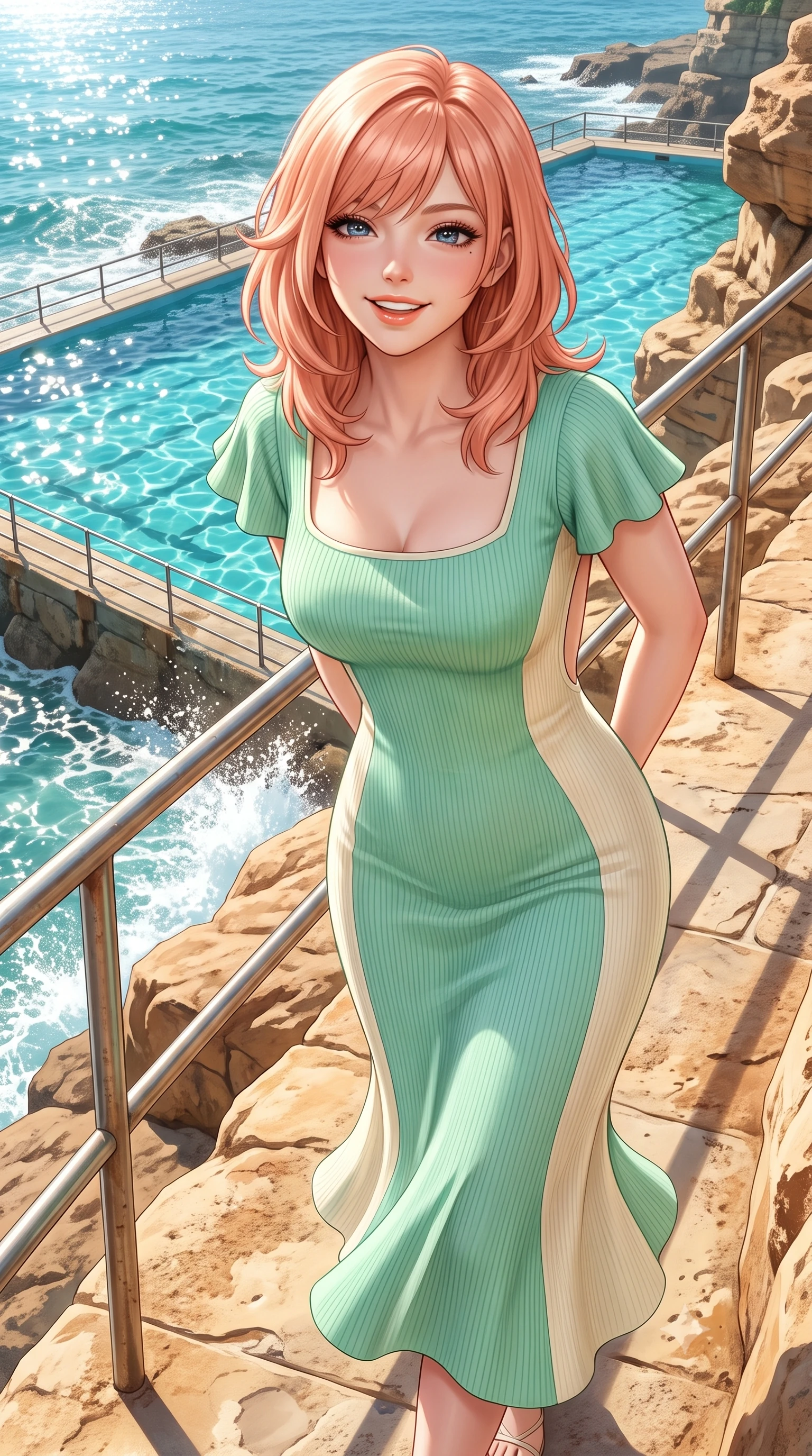 score_9, masterpiece, best quality, ultra-detailed, high-budget anime keyframe, semi-realistic 3D game render, editorial fashion photography, tasteful artistic composition, Japanese woman. close-up cowboy shot from the waist and thighs up, the character dominates the composition, filling the frame with her large presence. resting both hands lightly behind her back while leaning toward the lens with a cheerful, teasing grin, her form-fitting outfit hugging her narrow waist and feminine hip curve while striding along the elevated coastal walkway overlooking the famous turquoise ocean pool, arching her back with an infectious, sun-kissed smile. The surrounding environment is rendered in vivid detail and crisp panoramic clarity. sharp sandstone rock textures, ocean pool railing details, and sea foam spray caustics in deep focus. She has an exceptionally elegant, slender, and willowy female figure with an ultra-slim waist, flat toned midriff, narrow ribcage, and sculpted feminine hips creating an alluring, slim hourglass silhouette without bulk. sharp v-shaped jawline, high-bridge nose, intricate jewel-like sparkling eyes with depth, thick eyelashes, glossy parted lips with a natural peach sheen, bright cheerful beaming smile with an enchanting and coquettish sensual glint, exuding both youthful cute charm and seductive allure, flawlessly proportioned anatomical accuracy, strict slender model proportions, natural body alignment, perfectly sculpted long slender limbs, ultra-slim waistline, clean dynamic posture without body distortion. wearing a form-contouring ribbed knit bodycon midi dress with an open back scoop descending to the base of her spine in refreshing mint green and soft vanilla cream, crafted from soft breathable linen with effortless natural drape, featuring elegant flutter sleeves and a graceful square neckline, the form-contouring cut accentuating her sculpted flat midriff, narrow delicate ribcage, and gracefully curvy hips with supermodel precision. illuminated by intense specular sea reflections sharply carving her razor-sharp jawline, narrow waist, and curvy hips. highly saturated vibrant anime colors, detailed shading with soft gradients, rich glossy textures, high-contrast stereoscopic depth, volumetric dynamic lighting, master piece, 9:16 ratio