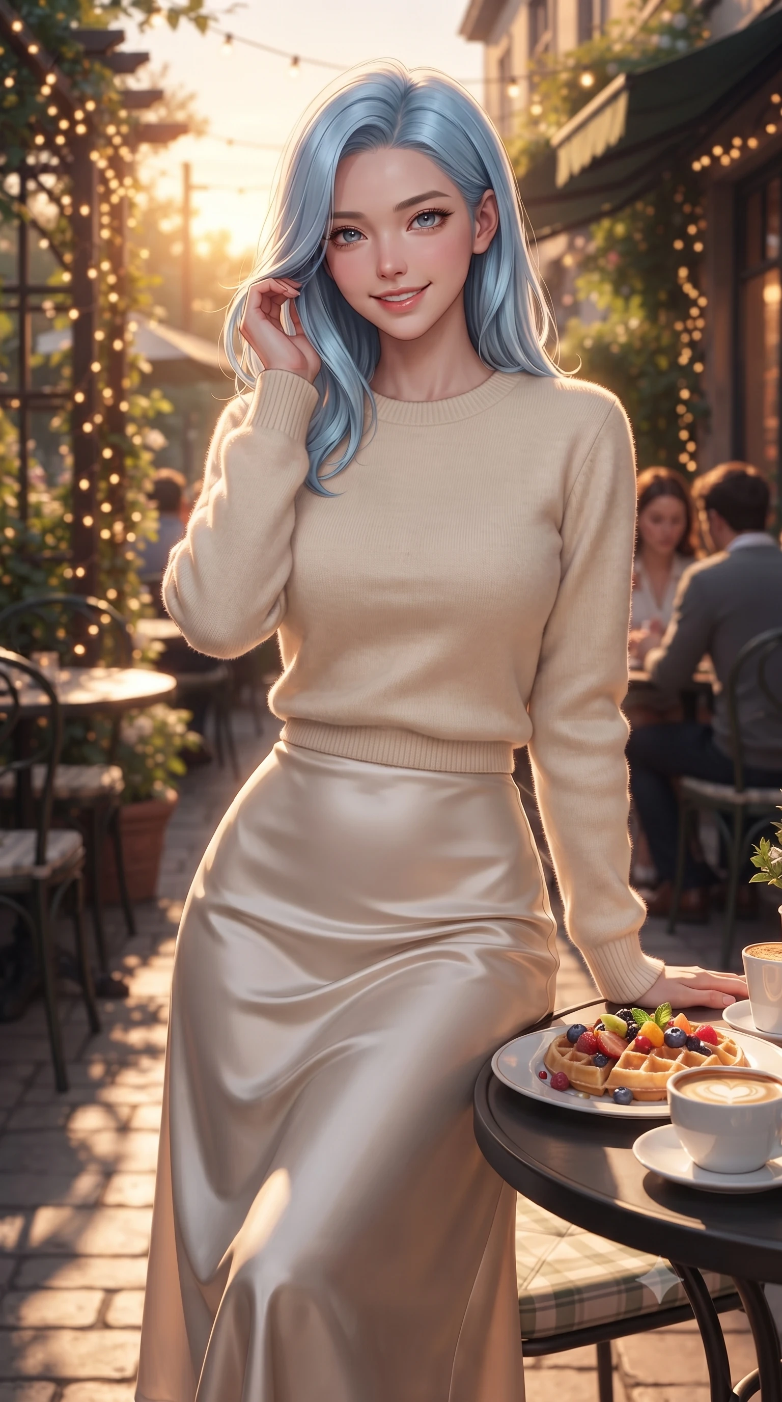score_9, masterpiece, best quality, ultra-detailed, high-budget anime keyframe, editorial fashion photography, tasteful artistic composition, Korean woman. close-up cowboy shot from the waist and thighs up, the character dominates the composition, filling the frame with her large presence, background elements kept in soft focus. smiling cutely while gently brushing a strand of hair behind her ear set against a soft-focus background of at an outdoor garden table of a cozy Italian bistro decorated with fairy lights with a plate of fresh fruit waffles and a cup of coffee on the table. She has an exceptionally elegant, slender, and willowy female figure with an ultra-slim waist, a gracefully sculpted slender torso, and a refined silhouette. sharp v-shaped jawline, high-bridge nose, intricate jewel-like eyes with depth, thick eyelashes, glossy lips with a natural sheen. wearing tailored cozy cashmere sweater in cream, paired with a satin midi skirt. golden hour sunset light casting long warm shadows on the restaurant table. ultra-reflective glossy finish, specular highlights, metallic sheen, high-contrast stereoscopic depth, volumetric dynamic lighting, 2k, ultra detail, master piece, 9:16 ratio