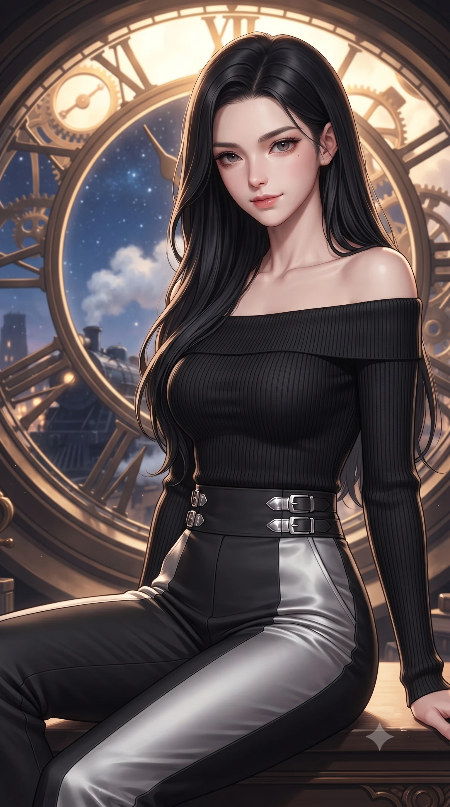 score_9, masterpiece, best quality, ultra-detailed, high-budget anime keyframe, editorial fashion photography, tasteful artistic composition, Korean woman. close-up cowboy shot from the waist and thighs up, the character dominates the composition, filling the frame with her large presence, background elements kept in soft focus. Smiling with quiet, magnetic self-assurance directly into the lens gazing out a massive circular clock window at a twilight galaxy express train, distant starlight and city lights twinkling through steam clouds. She has an exceptionally elegant, slender, and willowy female figure with an ultra-slim waist, a gracefully sculpted slender torso, and a refined silhouette. sharp v-shaped jawline, high-bridge nose, intricate jewel-like eyes with depth, thick eyelashes, glossy lips with a natural sheen. wearing a sleek off-shoulder ribbed knit top paired with high-waist tailored pants in matte black and polished silver, crafted from smooth liquid silk, detailed with polished silver buckles along the waistline, the glove-like fit emphasizing her statuesque silhouette. illuminated by a brilliant golden hour glow filtering through clockwork dials. ultra-reflective glossy finish, specular highlights, metallic sheen, high-contrast stereoscopic depth, volumetric dynamic lighting, 2k, ultra detail, master piece, 9:16 ratio