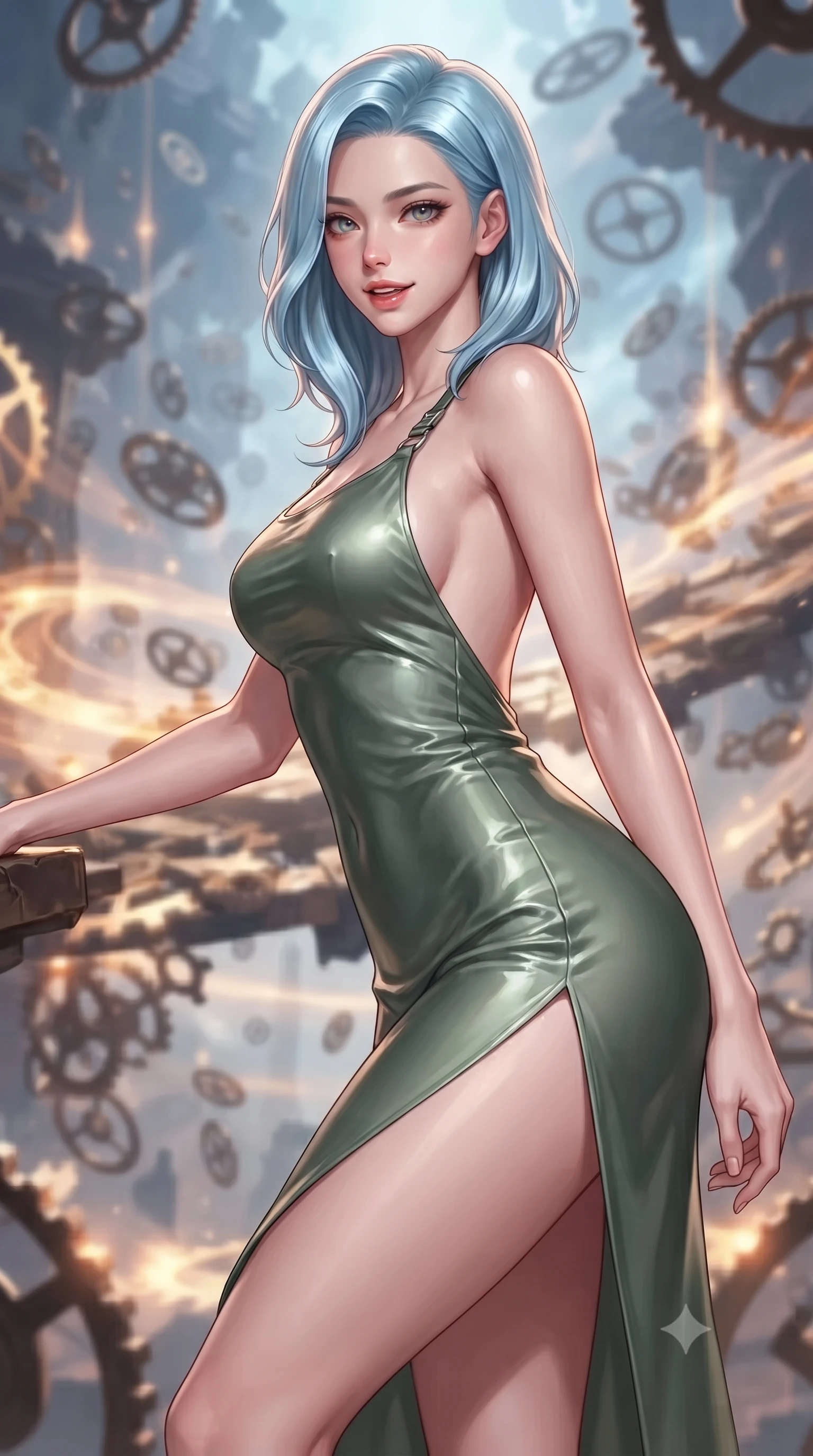 score_9, masterpiece, best quality, ultra-detailed, high-budget anime keyframe, editorial fashion photography, tasteful artistic composition, Korean woman. close-up cowboy shot from the waist and thighs up, the character dominates the composition, filling the frame with her large presence, background elements kept in soft focus. leaning slightly forward with a playful, teasing smile, her gaze locked onto the viewer with lips parted in a composed pose, the background shows a soft-focus an unstable clockwork bridge suspended in a pocket dimension of floating watch gears. She has an exceptionally elegant, slender, and willowy female figure with an ultra-slim waist, a gracefully sculpted slender torso, and a refined silhouette. sharp v-shaped jawline, high-bridge nose, intricate jewel-like eyes with depth, thick eyelashes, glossy lips with a natural sheen. wearing a slim-fit lightweight silk combat slip dress in sage green, featuring a high side slit and a low-cut back. rhythmic pulses of amber chrono-energy waves casting a slow, warm glow. ultra-reflective glossy finish, specular highlights, metallic sheen, high-contrast stereoscopic depth, volumetric dynamic lighting, 2k, ultra detail, master piece, 9:16 ratio