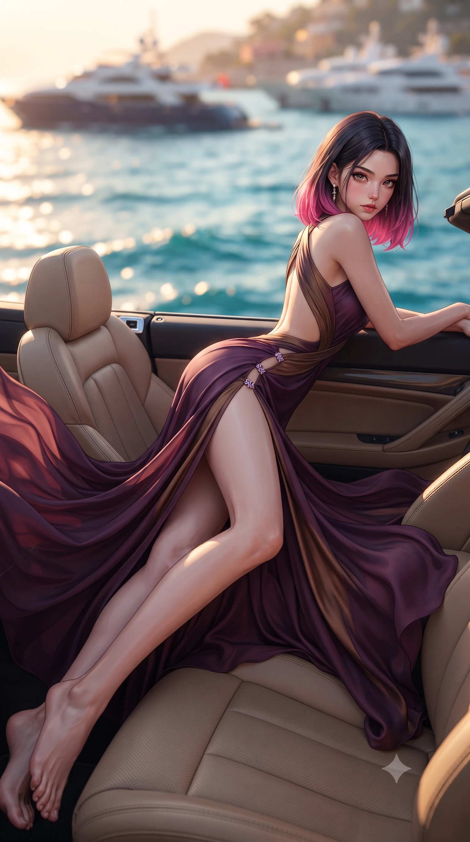 score_9, masterpiece, best quality, ultra-detailed, high-budget anime keyframe, editorial fashion photography, tasteful artistic composition, Korean woman. low angle full-body shot from head to toe showing her feet, filling the entire 9:16 vertical frame with her statuesque presence, stretching her vertical silhouette. posing with back turned slightly to the lens, glancing back with smoldering allure as she arches her lower back to emphasize her sculpted feminine hips and slender waist while lounging languidly across the passenger leather seat propped on one elbow, long slender legs extended to accentuate her willowy yet curvy silhouette. The composition keeps background elements in soft focus with creamy bokeh. sparkling Mediterranean turquoise waves and distant luxury yachts blurred into molten azure, gold, and coral bokeh. She has an exceptionally tall and slender model-like 8.5-heads proportion, an ultra-slim waist, a flat toned midriff, narrow delicate ribcage, and beautifully sculpted feminine hips creating a graceful, slim hourglass silhouette without any bulky heaviness, with impossibly long slender legs. sharp v-shaped jawline, high-bridge nose, intricate jewel-like eyes with depth, thick eyelashes, glossy parted lips with a natural sheen, intensely captivating and seductive bedroom-eyes expression, flawlessly proportioned anatomical accuracy, strict slender model proportions, natural body alignment, perfectly sculpted long slender limbs, ultra-slim waistline, clean dynamic posture without body distortion. wearing a sculptured liquid-satin mermaid gown with an architectural open-waist cutout and bare spine in deep plum violet and antique bronze, woven from layered gossamer chiffon with a weightless sweeping drape, finished with an ultra-high side slit secured by miniature jeweled clasps, the precision-cut side openings and low-back scoop framing her graceful spine and the sensual sweep of her slim, toned hips. bathed in glorious golden hour Mediterranean sunset backlighting and warm amber road fill. ultra-reflective glossy finish, specular highlights, rich textural contrasts, high-contrast stereoscopic depth, volumetric dynamic lighting, 2k, ultra detail, master piece, 9:16 ratio