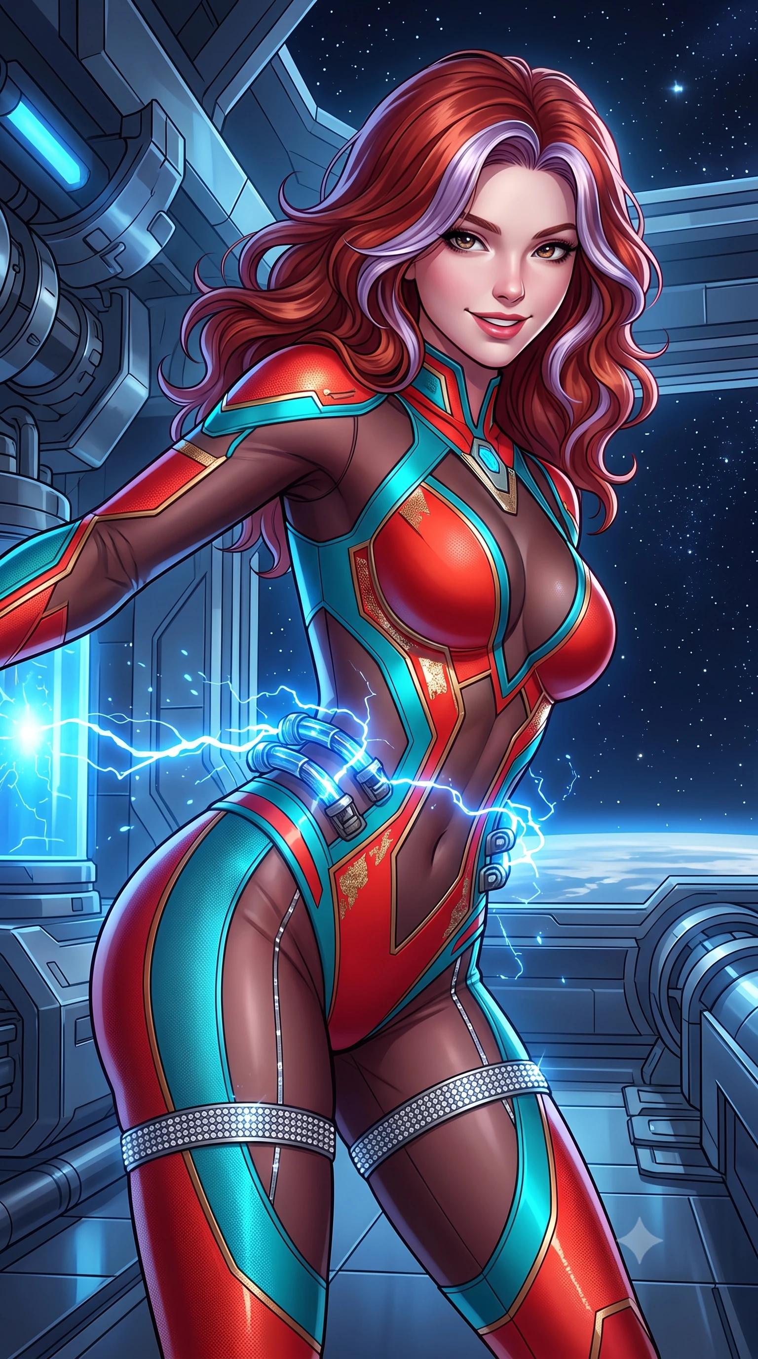 score_9, masterpiece, best quality, ultra-detailed, high-budget anime keyframe, semi-realistic 3D game render, editorial fashion photography, tasteful artistic composition, Caucasian woman. close-up cowboy shot from the waist and thighs up, the character dominates the composition, filling the frame with her large presence. leaning forward while arching her lower back to accentuate her curvy hips, looking into the camera with an intoxicating smoldering gaze and bedroom-eyes while twisting her slender torso in an alluring contrapposto stance, crackling blue electrical arcs leaping between capacitors wrapping around her narrow waist and curvy hips. The surrounding environment is rendered in vivid detail and crisp panoramic clarity: detailed anime keyframe lines, rich fabric textures, and monumental space defense weapon architecture in razor-sharp precision. She has an exceptionally elegant, slender, and willowy female figure with an ultra-slim waist, flat toned midriff, narrow ribcage, and sculpted feminine hips creating an alluring, slim hourglass silhouette without bulk. sharp v-shaped jawline, high-bridge nose, intricate jewel-like sparkling eyes with depth, thick eyelashes, glossy parted lips with a natural peach sheen, bright cheerful beaming smile with an enchanting and coquettish sensual glint, exuding both youthful cute charm and seductive allure, flawlessly proportioned anatomical accuracy, strict slender model proportions, natural body alignment, perfectly sculpted long slender limbs, ultra-slim waistline, clean dynamic posture without body distortion. wearing a provocative sheer-illusion tactical combat bodysuit with strategic metallic foil flocking and high-cut leg openings in cyber-shinto vermilion and laser turquoise, crafted from bespoke double-faced cashmere with an exceptionally soft tactile finish, finished with delicate crystal-encrusted thigh garter straps glinting in the dim light, the impeccably tailored cut draping gracefully along her slender figure with aristocratic poise. bathed in cold electric-blue capacitor glow combined with crisp unpolluted starlight. highly saturated vibrant anime colors, detailed shading with soft gradients, rich glossy textures, high-contrast stereoscopic depth, volumetric dynamic lighting, master piece, 9:16 ratio