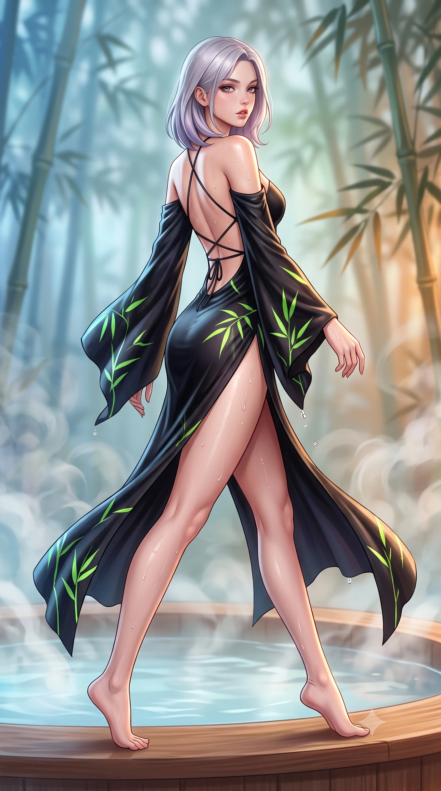 score_9, masterpiece, best quality, ultra-detailed, high-budget anime keyframe, semi-realistic 3D game render, editorial fashion photography, tasteful artistic composition, Caucasian woman. low angle full-body shot from head to toe showing her feet, filling the entire 9:16 vertical frame with her statuesque presence, stretching her vertical silhouette. striding forward in a proud supermodel runway stride, hips swaying in an alluring kinetic rhythm that accentuates her curvy hourglass silhouette while perching on the smooth cedar wood rim of a steaming outdoor footbath, water droplets beading on her hip as she glances back with parted glossy lips. The composition keeps background elements in soft focus with creamy bokeh. swirling thermal steam vapors and rustling bamboo stalks blurred into cool cerulean, soft jade-green, and warm amber bokeh. She has an absolutely perfect, statuesque 8.5-heads proportion, an exceptionally tall and slender model-like female figure with impossibly long slender legs, a toned flat midriff, an ultra-slim waist, and beautifully sculpted feminine hips. sharp v-shaped jawline, high-bridge nose, intricate jewel-like eyes with depth, thick eyelashes, glossy parted lips with a natural sheen, intensely captivating and seductive bedroom-eyes expression, flawlessly proportioned anatomical accuracy, strict slender model proportions, natural body alignment, perfectly sculpted long slender limbs, ultra-slim waistline, clean dynamic posture without body distortion. wearing a backless off-shoulder silk kimono gown with fluttering drapes and an ultra-high side slit in pitch black silk with neon bamboo leaf accents, made of liquid bamboo jersey adhering seamlessly to her slender frame, finished with a dramatic open back framed by criss-cross delicate silk cords, the second-skin form-contouring cut accentuating her sculpted flat midriff, narrow waistline, and dramatically curvy hips without adding bulk. illuminated by wet specular highlights accentuating her slender neckline, sculpted waist, and rounded hips. highly saturated vibrant anime colors, detailed shading with soft gradients, rich glossy textures, high-contrast stereoscopic depth, volumetric dynamic lighting, master piece, 9:16 ratio