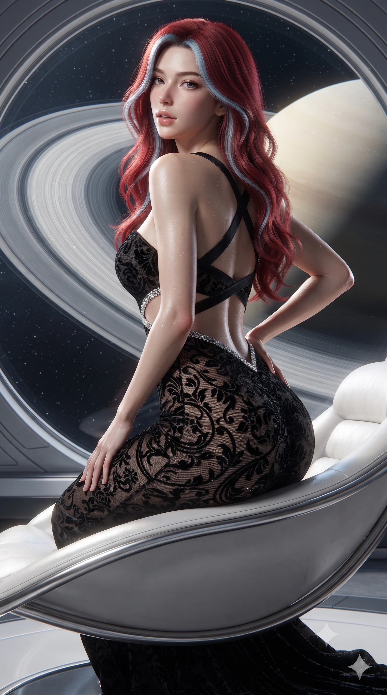 score_9, masterpiece, best quality, ultra-detailed, high-budget anime keyframe, editorial fashion photography, tasteful artistic composition, Caucasian woman. close-up cowboy shot from the waist and thighs up, the character dominates the composition, filling the frame with her large presence. posing in an alluring rear three-quarter angle, arching her lower back in a pronounced S-curve with one hand on her hip, glancing seductively over her bare shoulder with parted glossy lips while perching on the rim of a curved platinum-framed lounger, arching her lower back as the colossal opalescent ice rings of Saturn stretch across the panoramic quartz viewport. The surrounding environment is rendered in vivid detail and crisp panoramic clarity. detailed metallic gown texture, starlight glints on skin, and planet shadow contrast in high resolution. She has an exceptionally elegant, slender, and willowy female figure with an ultra-slim waist, flat toned midriff, narrow ribcage, and sculpted feminine hips creating an alluring, slim hourglass silhouette without bulk. sharp v-shaped jawline, high-bridge nose, intricate jewel-like eyes with depth, thick eyelashes, glossy parted lips with a natural sheen, intensely captivating and seductive bedroom-eyes expression, flawlessly proportioned anatomical accuracy, strict slender model proportions, natural body alignment, perfectly sculpted long slender limbs, ultra-slim waistline, clean dynamic posture without body distortion. wearing a deep sweetheart neckline crushed velvet corseted ballgown with an exposed midriff cutout in pitch-black velvet with diamond crystal trim, made of sheer contouring power-mesh with velvet flocking patterns, finished with criss-cross back satin straps highlighting her graceful shoulder blades, the second-skin form-contouring cut accentuating her sculpted flat midriff, narrow delicate ribcage, and gracefully curvy hips with supermodel precision. illuminated by crisp directional planetary light sharply defining her sculpted collarbones, ultra-slim waist, and curvy hips. ultra-reflective glossy finish, specular highlights, rich textural contrasts, high-contrast stereoscopic depth, volumetric dynamic lighting, 2k, ultra detail, master piece, 9:16 ratio