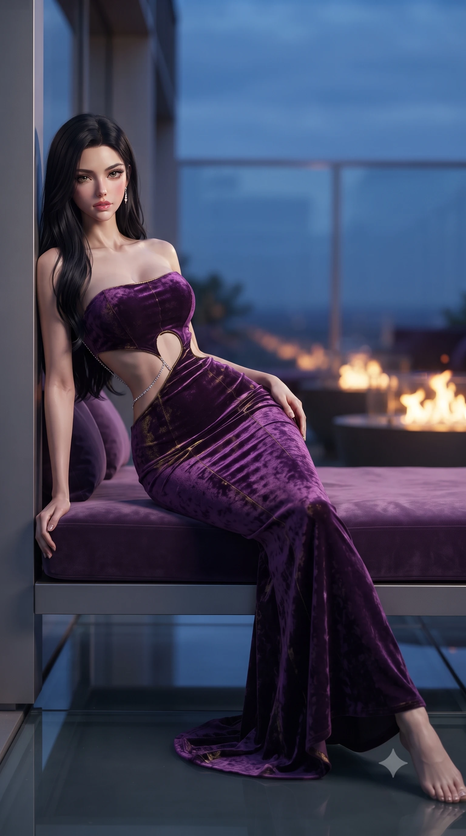 score_9, masterpiece, best quality, ultra-detailed, high-budget anime keyframe, editorial fashion photography, tasteful artistic composition, Korean woman. low angle full-body shot from head to toe showing her feet, filling the entire 9:16 vertical frame with her statuesque presence, stretching her vertical silhouette. leaning deep against the structural architecture with hips cocked in an unapologetically bold, seductive high-fashion stance while reclining on her side across a floating velvet infinity daybed, one leg extended and torso propped on one elbow to accentuate the sweeping line of her curvy hips. The composition keeps background elements in soft focus with creamy bokeh. glass terrace architecture and glowing fire pits softened in glamorous shallow depth of field. She has an absolutely perfect, statuesque 8.5-heads proportion, an exceptionally tall and slender model-like female figure with impossibly long slender legs, a toned flat midriff, an ultra-slim waist, and beautifully sculpted feminine hips. sharp v-shaped jawline, high-bridge nose, intricate jewel-like eyes with depth, thick eyelashes, glossy parted lips with a natural sheen, intensely captivating and seductive bedroom-eyes expression, flawlessly proportioned anatomical accuracy, strict slender model proportions, natural body alignment, perfectly sculpted long slender limbs, ultra-slim waistline, clean dynamic posture without body distortion. wearing a sculptured strapless velvet evening gown with an open-waist ring cutout and body-hugging mermaid silhouette in imperial purple velvet and antique gold, crafted from heavyweight crushed silk velvet with liquid luster, accented with a glittering diamond back chain tracing her bare spine down to her hip line, the second-skin form-contouring cut accentuating her sculpted flat midriff, narrow waistline, and dramatically curvy hips without adding bulk. bathed in twilight indigo sky tones and warm amber rooftop fire pit glow. ultra-reflective glossy finish, specular highlights, rich textural contrasts, high-contrast stereoscopic depth, volumetric dynamic lighting, 2k, ultra detail, master piece, 9:16 ratio