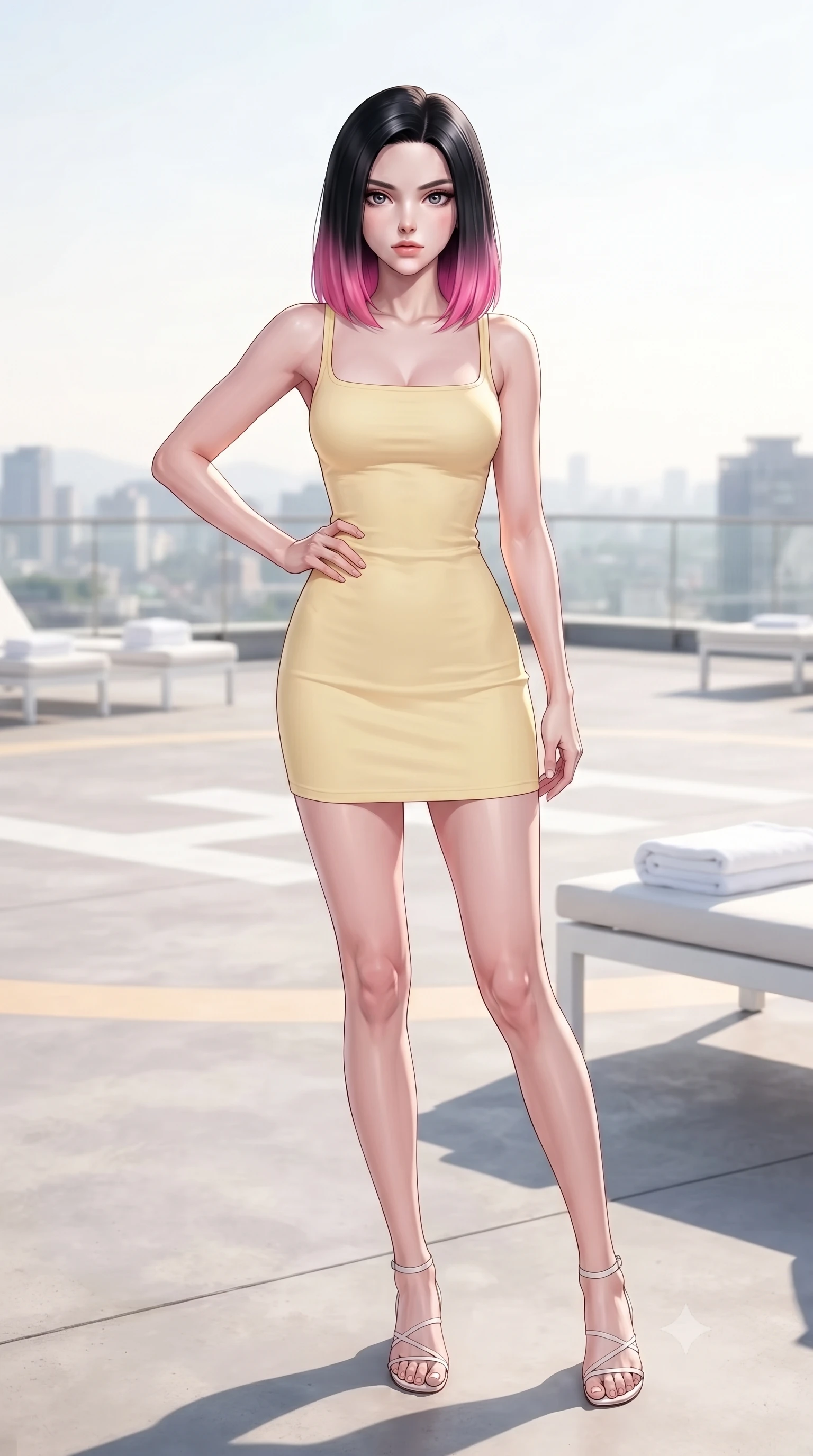 score_9, masterpiece, best quality, ultra-detailed, high-budget anime keyframe, editorial fashion photography, tasteful artistic composition, Korean woman. low angle full-body shot from head to toe showing her feet, filling the entire 9:16 vertical frame with her statuesque presence, stretching her vertical silhouette. posing confidently with one hand on her hip, stretching her statuesque body to emphasize her curves the background shows a soft-focus a rooftop helipad terrace with sunbeds and white towels, looking at city skyline. She has an absolutely perfect, statuesque 8.5-heads proportion, an exceptionally tall and slender model-like female figure with impossibly long slender legs and an ultra-slim waist. sharp v-shaped jawline, high-bridge nose, intricate jewel-like eyes with depth, thick eyelashes, glossy lips with a natural sheen. wearing a body-hugging casual summer sundress in pale yellow cotton with a simple square neckline. bright afternoon sunbeams creating clean, sharp shadows on the concrete. ultra-reflective glossy finish, specular highlights, metallic sheen, high-contrast stereoscopic depth, volumetric dynamic lighting, 2k, ultra detail, master piece, 9:16 ratio