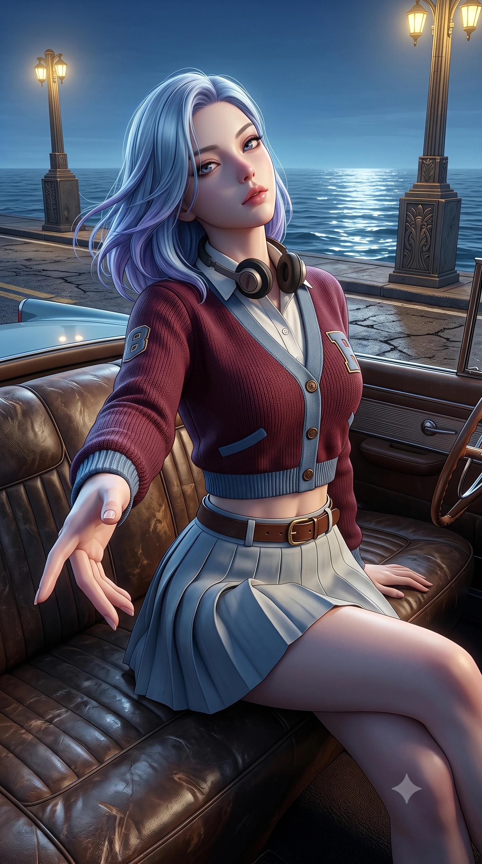 score_9, masterpiece, best quality, ultra-detailed, high-budget anime keyframe, semi-realistic 3D game render, editorial fashion photography, tasteful artistic composition, Korean woman. close-up cowboy shot from the waist and thighs up, the character dominates the composition, filling the frame with her large presence. extending one slender arm gracefully toward the foreground while casting an affectionate, mesmerizing glance while sitting on the leather seat of an open-top classic cruiser, head tilted back as ocean breeze tangles her hair. The surrounding environment is rendered in vivid detail and crisp panoramic clarity. detailed ocean water surface textures, art-deco lamp post reliefs, and asphalt grain in high resolution. She has an exceptionally elegant, slender, and willowy female figure with an ultra-slim waist, a gracefully sculpted slender torso, toned flat midriff, and a refined slim silhouette. sharp v-shaped jawline, high-bridge nose, intricate jewel-like eyes with depth, thick eyelashes, glossy lips with a natural sheen, captivating and magnetic expression, flawlessly proportioned anatomical accuracy, strict slender model proportions, natural body alignment, perfectly sculpted long slender limbs, ultra-slim waistline, clean dynamic posture without body distortion. wearing a preppy 80s varsity cardigan sweater layered over a crisp collared button-down shirt and a tennis pleated skirt in rich wine burgundy and faded vintage blue, crafted from distressed supple genuine leather and soft ribbed cotton knit, accessorized with a classic leather belt with brass buckle and retro on-ear foam headphones, the form-contouring material adhering flawlessly to her sculpted flat midriff and slender torso, emphasizing her long leg lines and perfectly proportioned willowy build. bathed in warm yellow streetlamp illumination and cool blue midnight sky ambient fill. highly saturated vibrant anime colors, detailed shading with soft gradients, rich glossy textures, high-contrast stereoscopic depth, volumetric dynamic lighting, master piece, 9:16 ratio