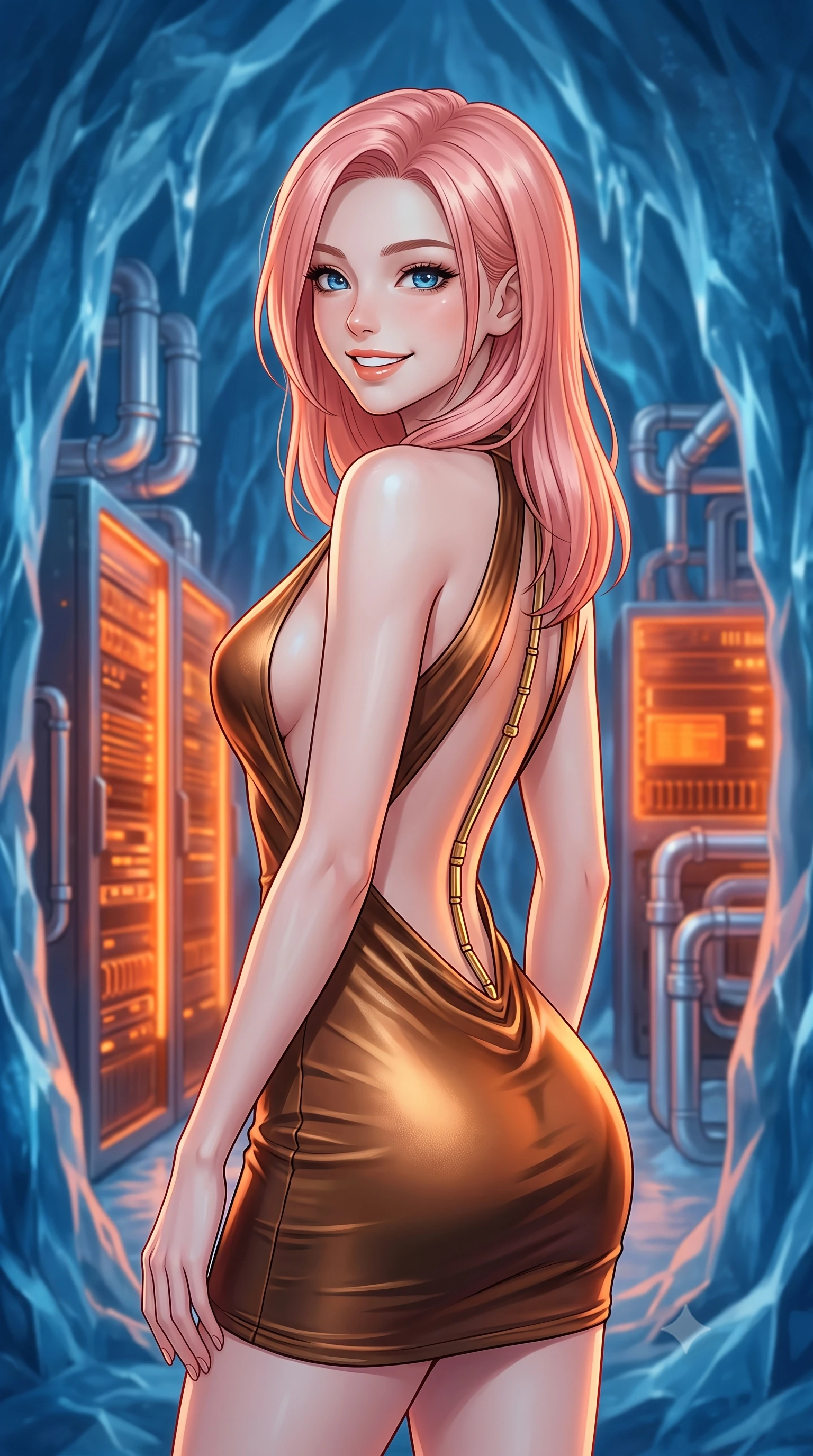 score_9, masterpiece, best quality, ultra-detailed, high-budget anime keyframe, editorial fashion photography, tasteful artistic composition, Japanese woman. close-up cowboy shot from the waist and thighs up, the character dominates the composition, filling the frame with her large presence, background elements kept in soft focus. Looking over her shoulder with a bright, welcoming smile and happy eyes. set against a soft-focus background of inside a cavern made of deep blue glacial ice housing glowing orange computer servers cooled by complex silver piping systems. She has an exceptionally elegant, slender, and willowy female figure with a highly-defined ultra-slim waist, a gracefully sculpted slender torso, and a refined slim-fit silhouette that contours her form. sharp v-shaped jawline, high-bridge nose, intricate jewel-like eyes with depth, thick eyelashes, glossy lips with a natural sheen. wearing a deep-V bodycon mini dress in shifting liquid bronze, featuring a dramatic open back and gold spine hardware. intense orange glow from the servers reflecting off the icy blue walls, creating a dramatic warm-and-cold contrast. 2k, ultra detail, master piece, 9:16 ratio