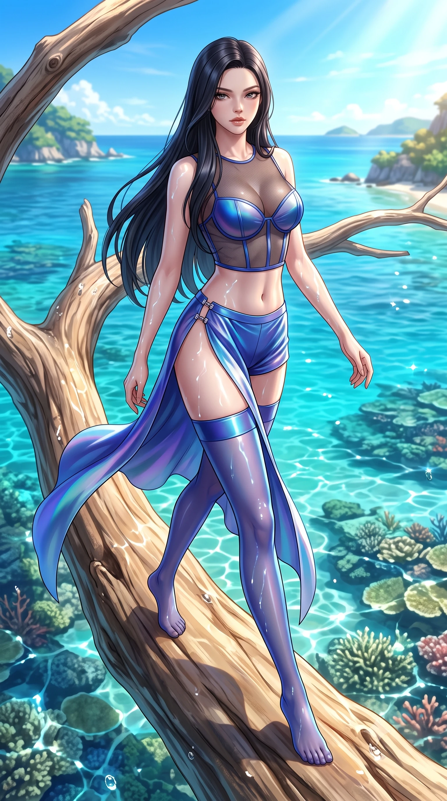 score_9, masterpiece, best quality, ultra-detailed, high-budget anime keyframe, semi-realistic 3D game render, editorial fashion photography, tasteful artistic composition, Korean woman. low angle full-body shot from head to toe showing her feet, filling the entire 9:16 vertical frame with her statuesque presence, stretching her vertical silhouette. striding forward in a proud, statuesque motion with a dangerous smolder, her vertical silhouette dominating the frame from head to toe while arching her back gracefully on a sun-warmed driftwood branch with the sparkling coral sea stretching behind. The surrounding environment is rendered in vivid detail and crisp panoramic clarity. glistening water refractions and scenic coastal landscapes captured with environmental precision. She has an absolutely perfect, statuesque 8.5-heads proportion, an exceptionally tall and slender model-like female figure with impossibly long slender legs, a toned flat midriff, and an ultra-slim waist. sharp v-shaped jawline, high-bridge nose, intricate jewel-like eyes with depth, thick eyelashes, glossy lips with a natural sheen, flawlessly proportioned anatomical accuracy, strict slender model proportions, natural body alignment, perfectly sculpted long slender limbs, ultra-slim waistline, clean dynamic posture without body distortion. wearing a delicate see-through dark mesh top with structured cup boning, paired with high-cut micro-shorts and thigh-high stockings in liquid electric cobalt blue and polished silver, made of smooth iridescent silk chiffon that shifts colors with movement, finished with an ultra-high side slit secured by miniature magnetic clasps, the liquid-tight tailored fabric emphasizing every curve of her tall, slender model proportions and sculptured silhouette during dynamic movement. bathed in dazzling tropical morning sunlight and glittering ocean water caustics. highly saturated vibrant anime colors, detailed shading with soft gradients, rich glossy textures, high-contrast stereoscopic depth, volumetric dynamic lighting, master piece, 9:16 ratio